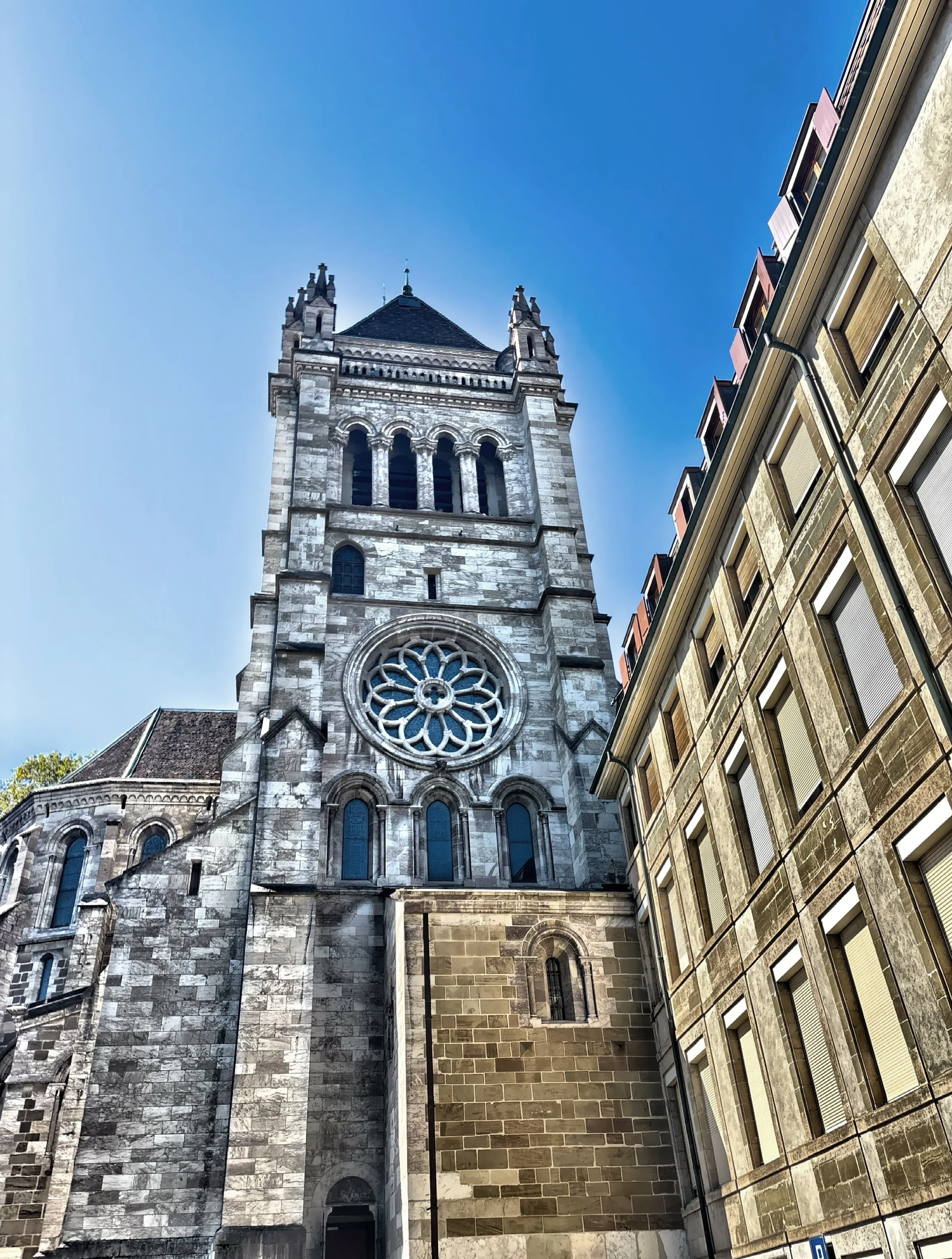  The tower of  Saint Pierre Cathedral  is the historic principal church of Geneva and it is the highest point of the Old Town. 