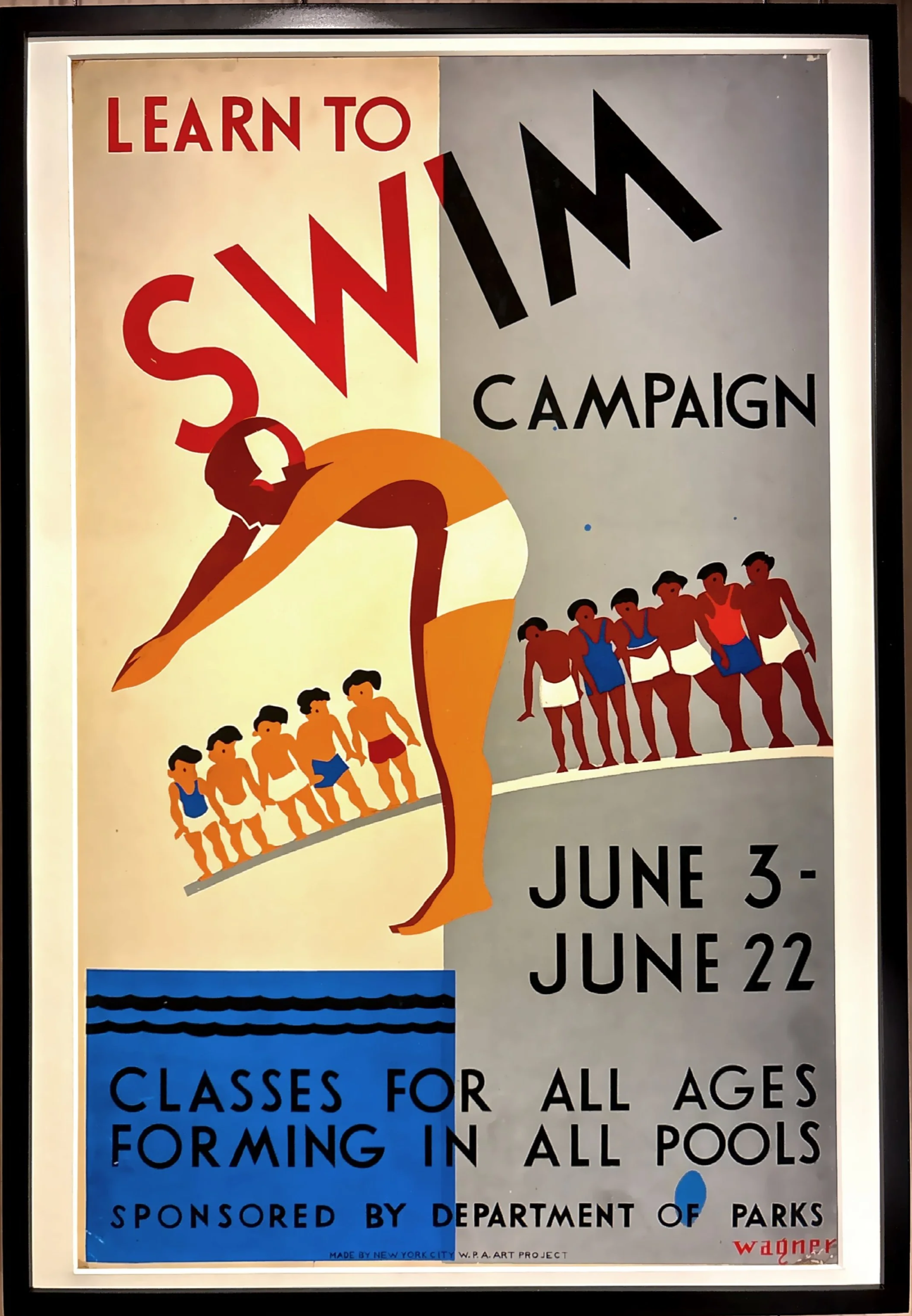  A vintage ‘Learn to Swim’ campaign poster originally produced by the Work Projects Administration (WPA) around 1940. 