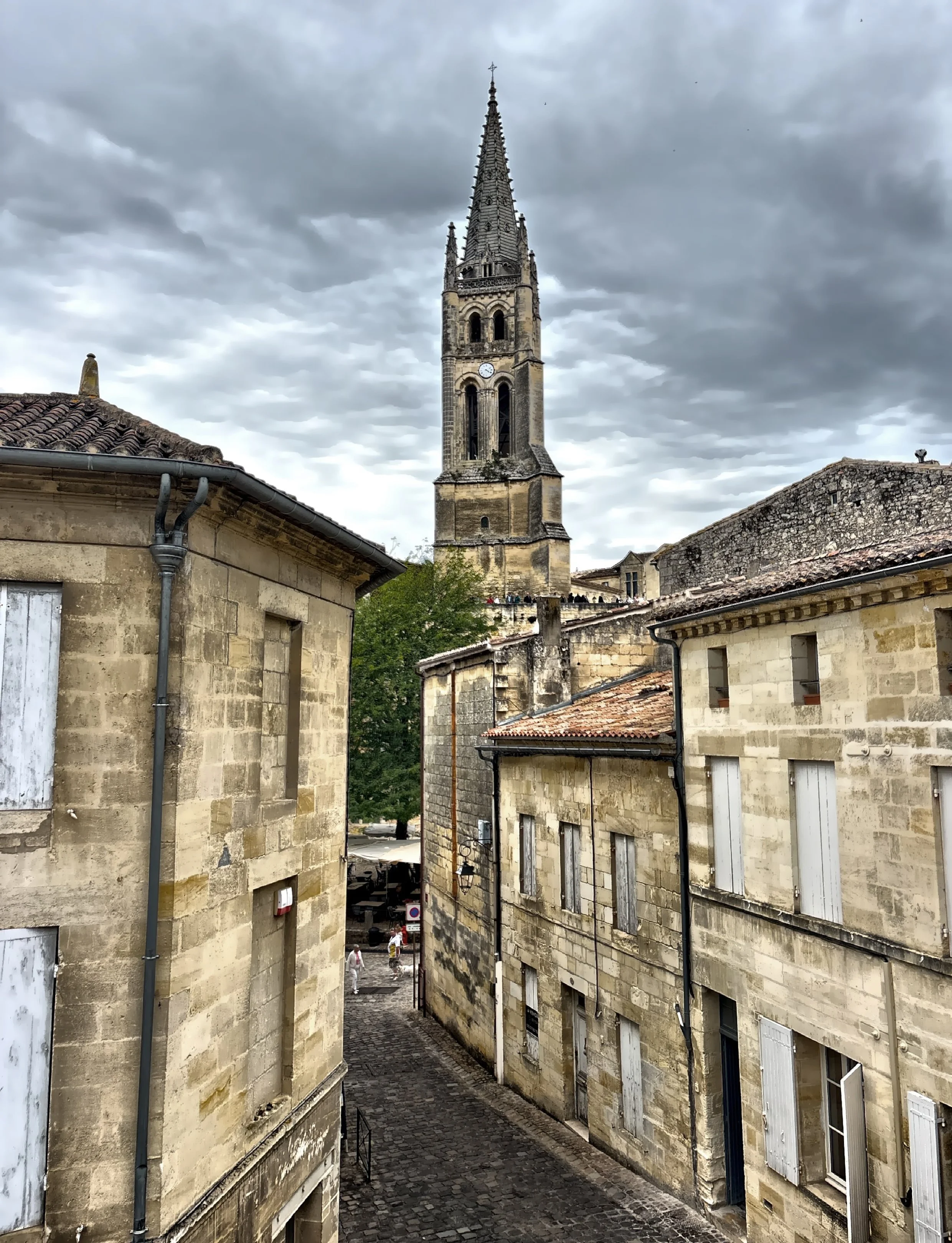  The view of the prominent bell tower of the Monolithic Church of Saint Emilion, often referred to as the ‘lighthouse’ above the town. 