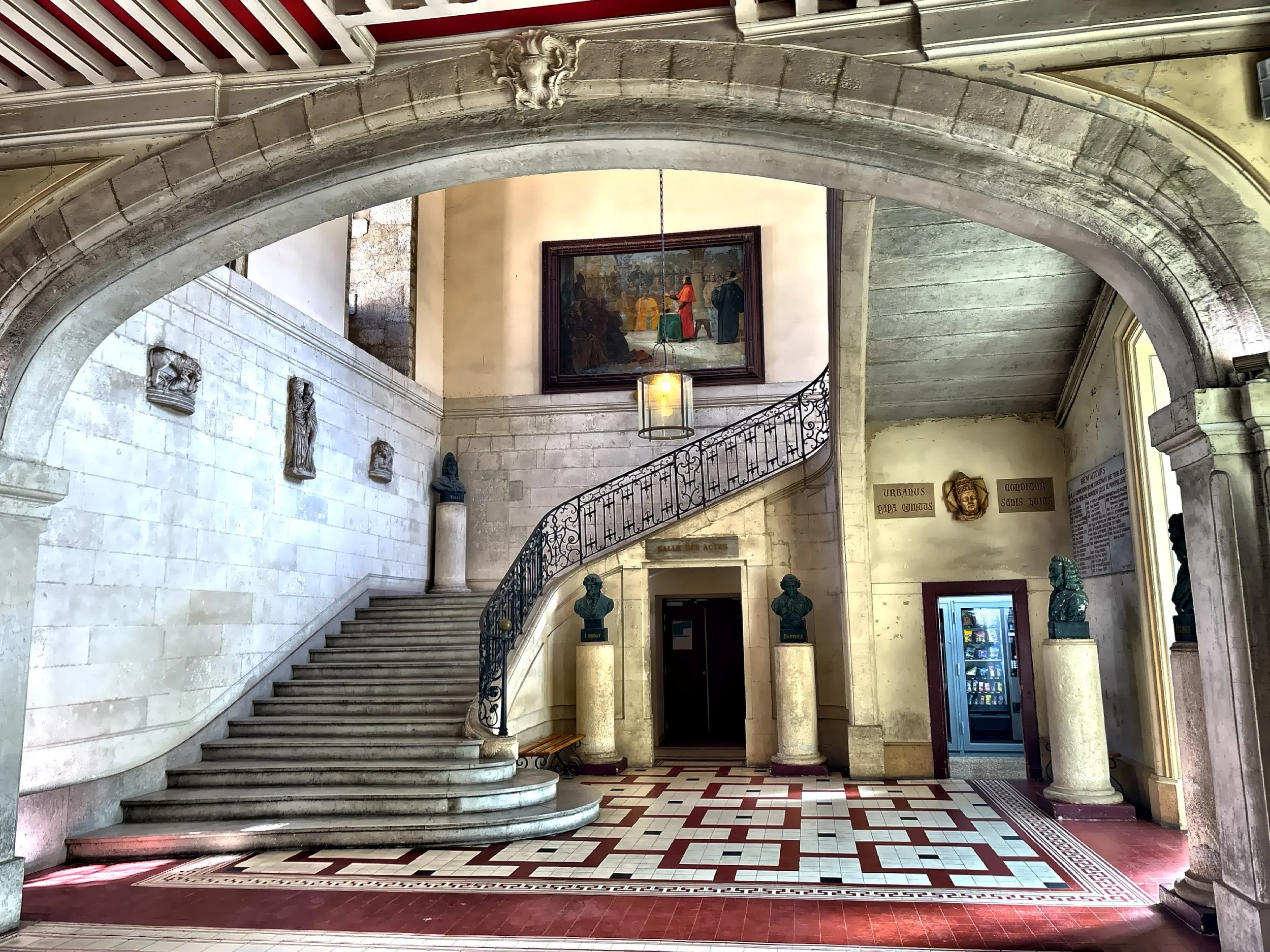  The grand entrance hall and staircase of the historic Montpelier Faculty of Medicine,. 