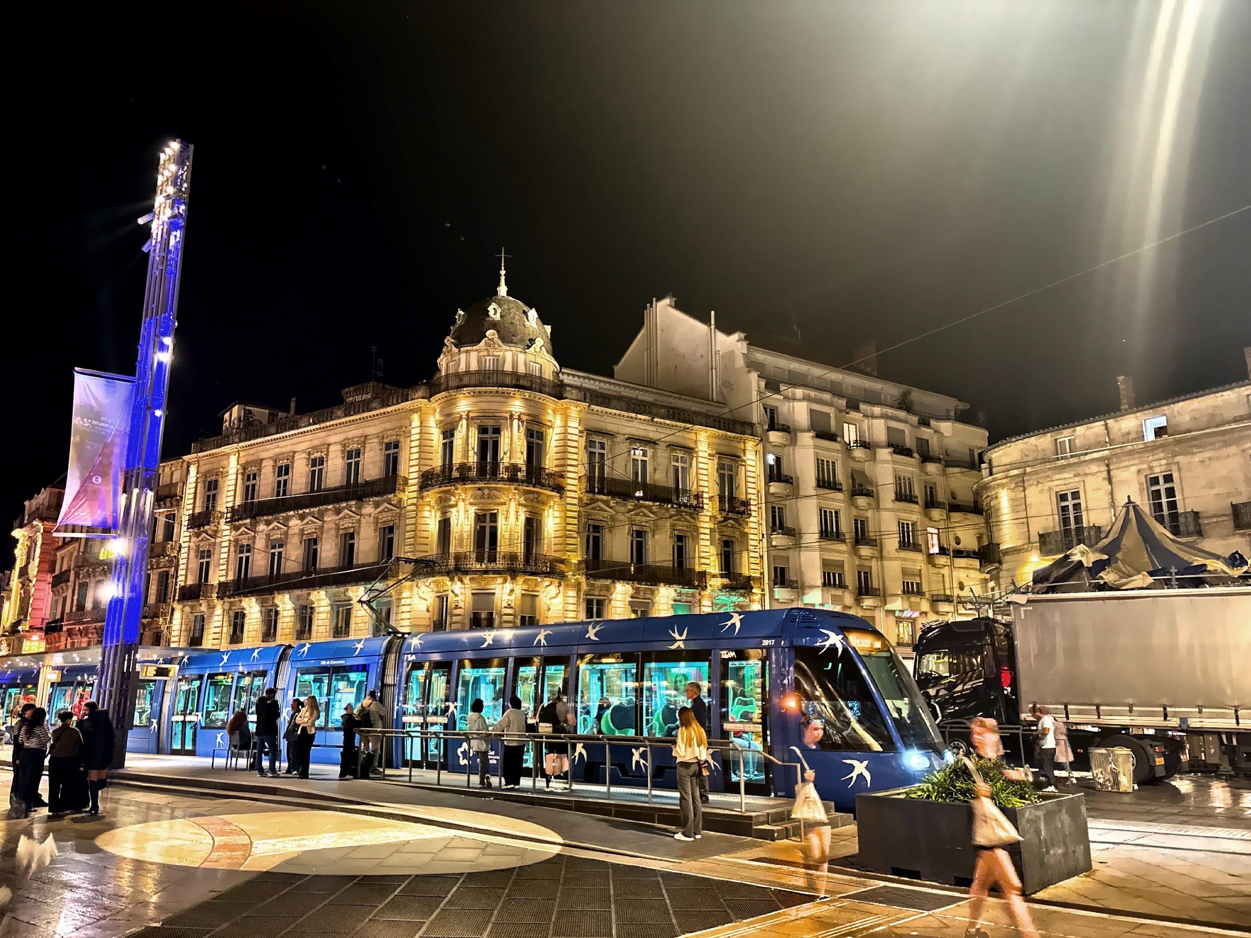  Trams glide by with cheerful colors and designs like moving street art — a reminder that Montpellier never gets stuck in its own history. 