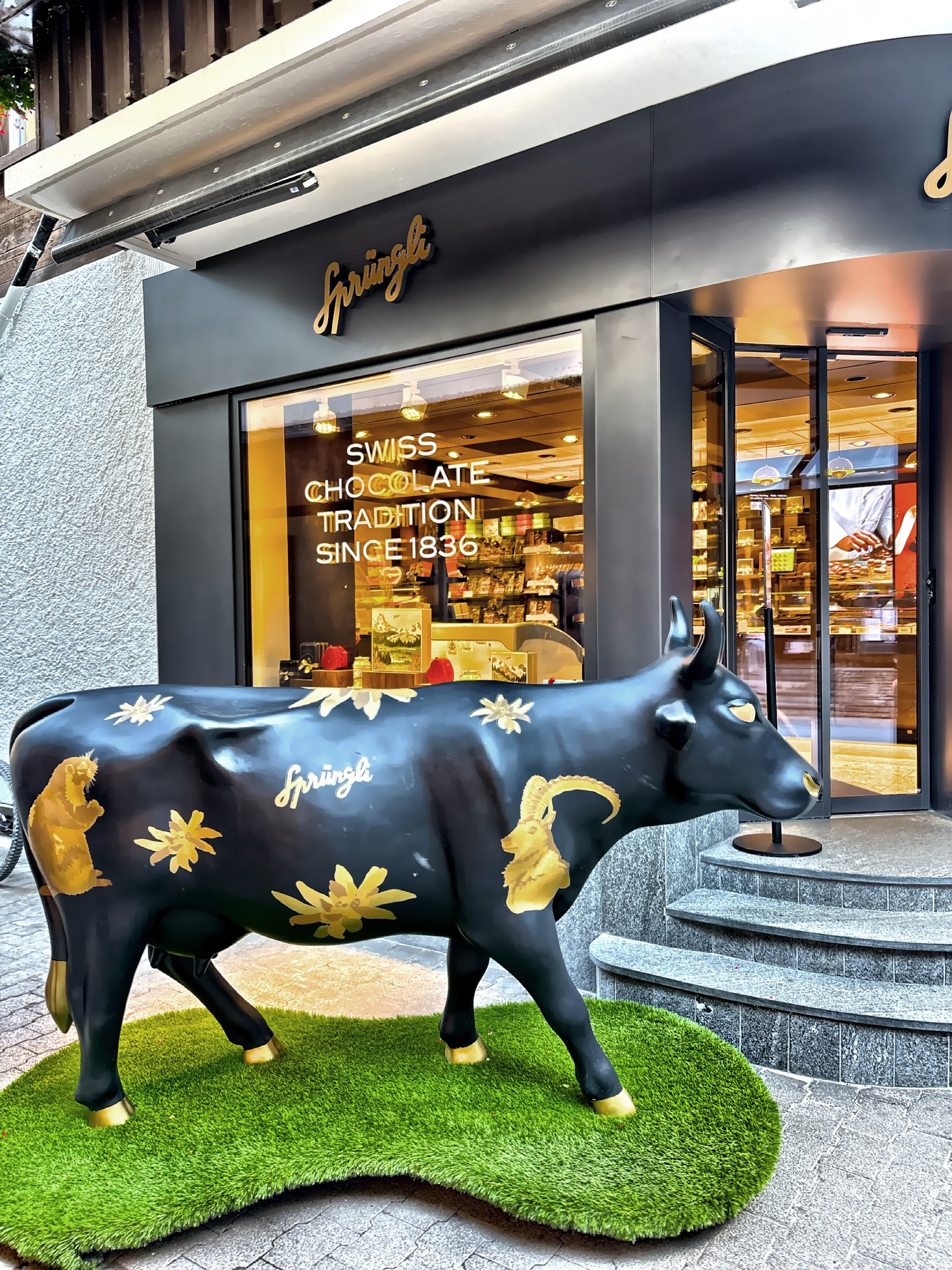  Sprugli is a family-owned business established in 1836 and is a pioneer in Swiss chocolate production.  The decorative cow outside is a common symbol of Swiss culture and dairy. 