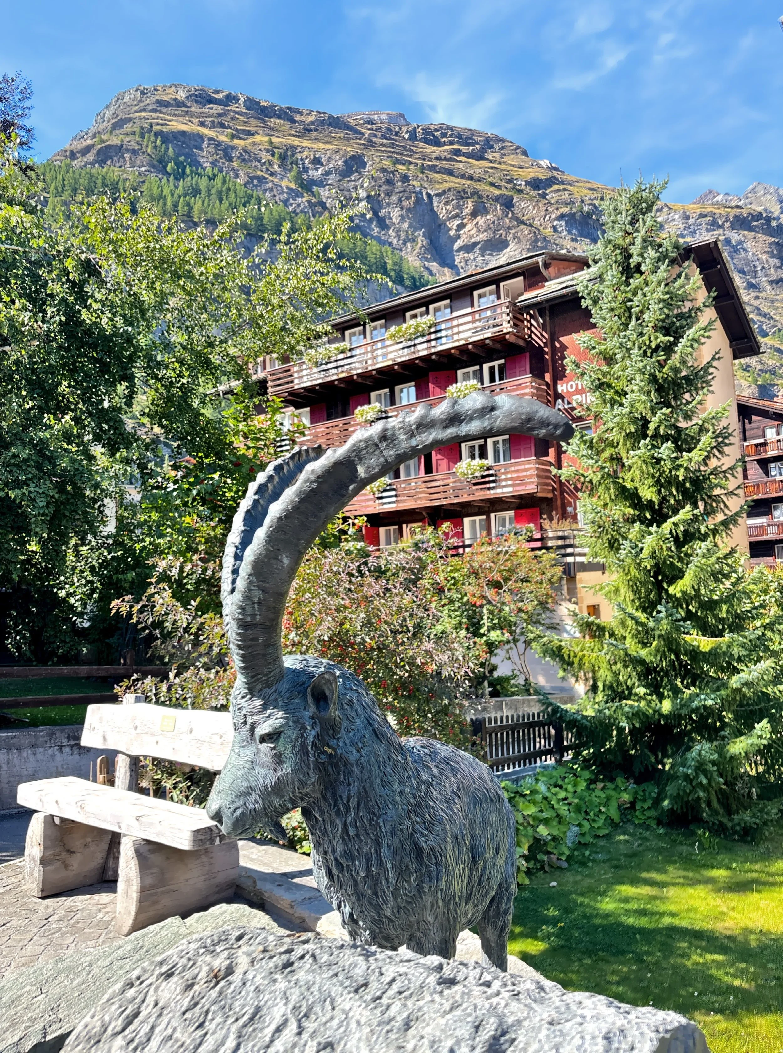  This sculpture depicts an Alpine ibex, the wild goat of the European Alps with its distinctive sweeping horns. The statue is modeled after a male that was killed in an avalanche, for which a plaster cast was made and later used to create the final a