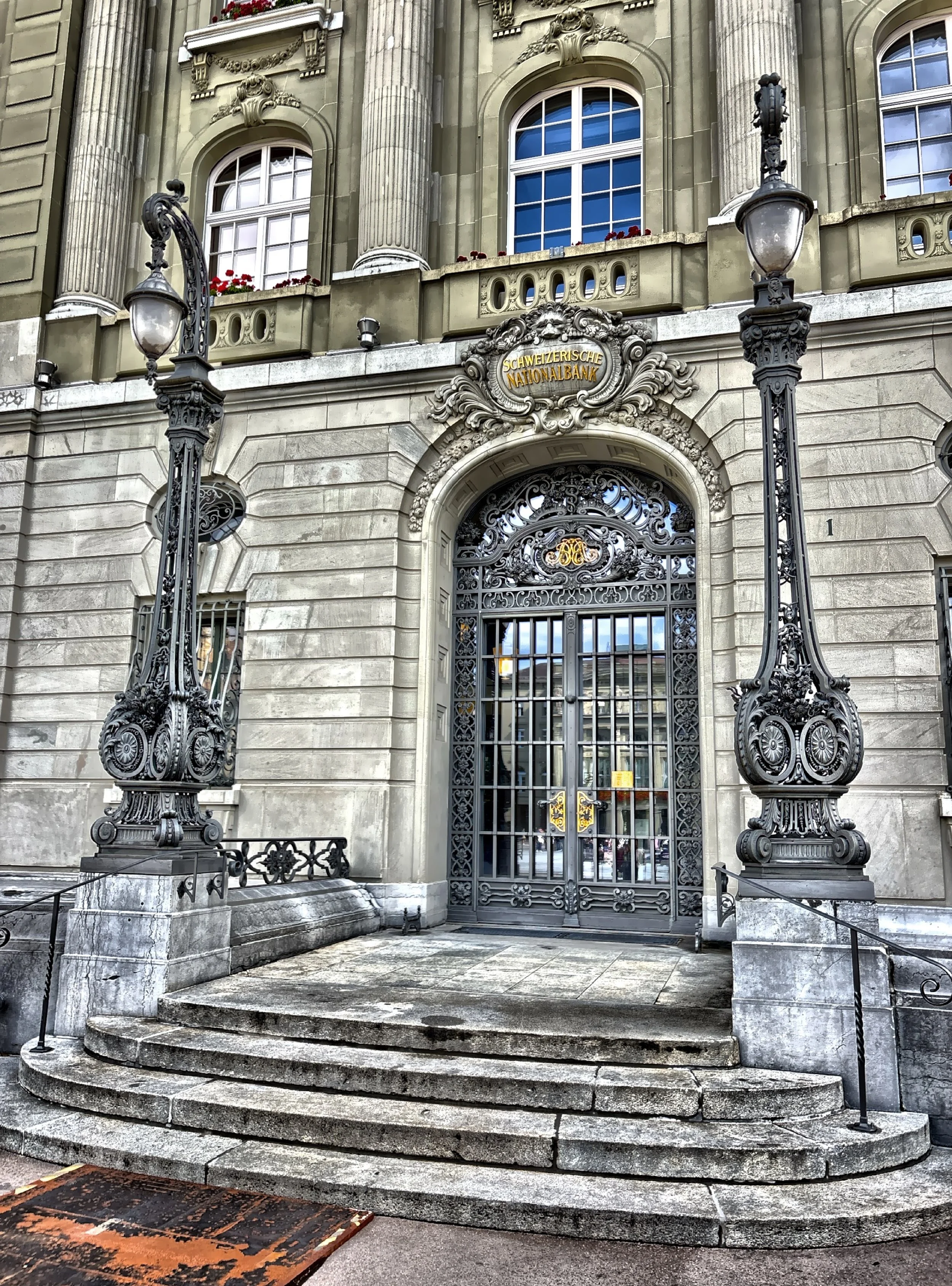  The ornate entrance of the Swiss National Bank.  The SNB has a main building here and in Zurich, and commenced operation in 1907. 