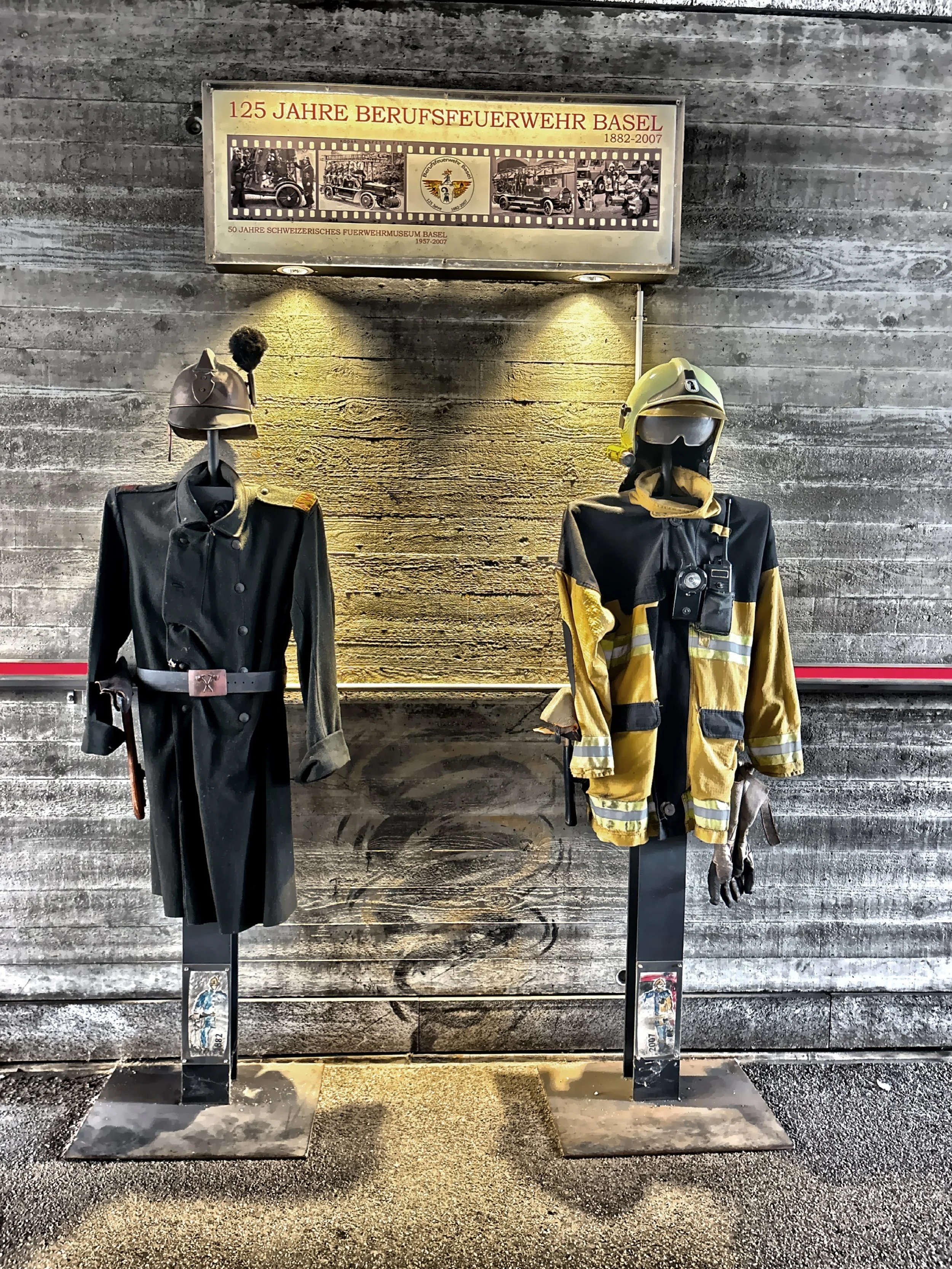  Firefighting uniforms displayed outside the Basel Fire Department Museum. 