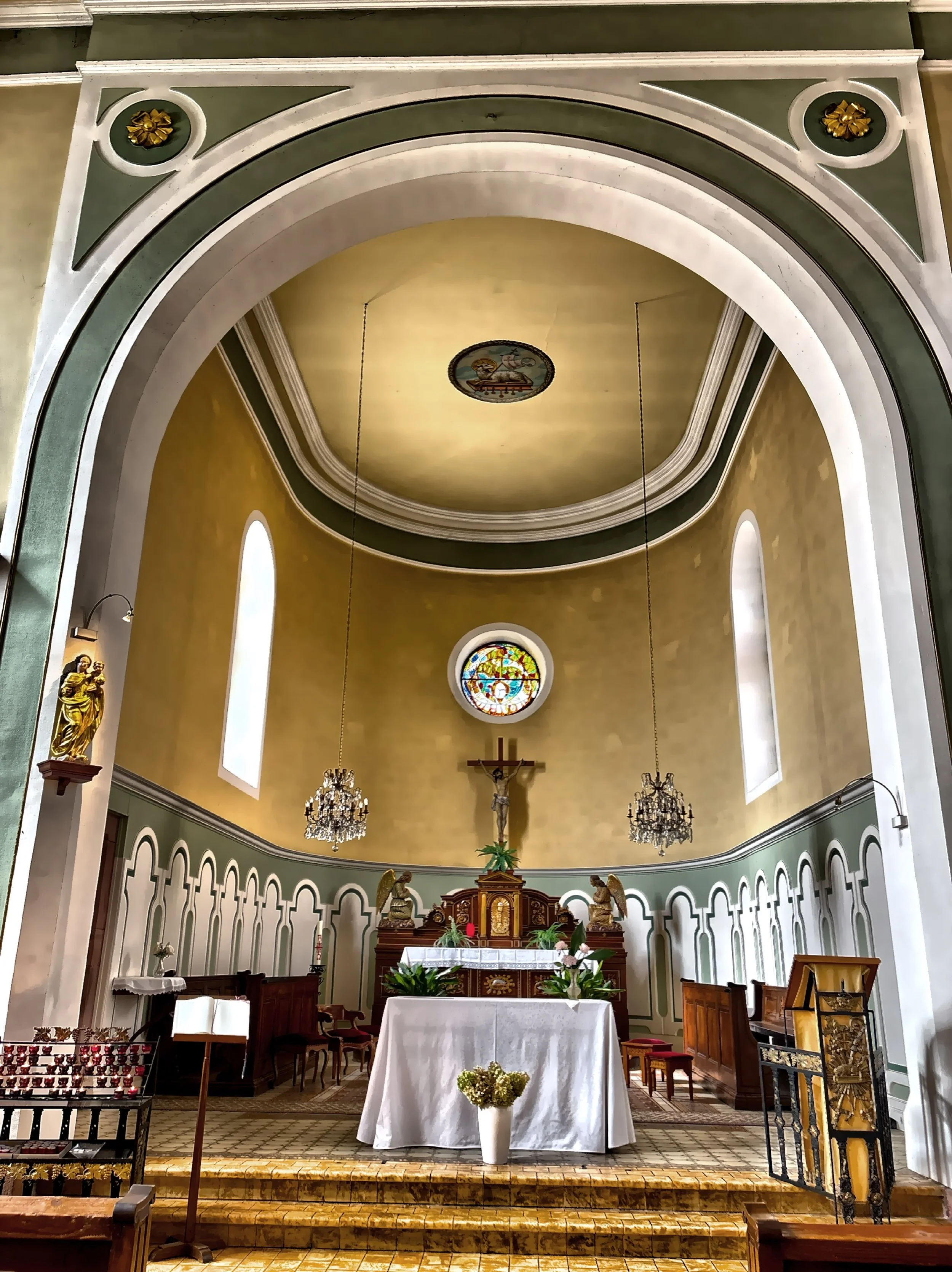  The interior of the Catholic church, known for its simple, neat and pretty interior. 