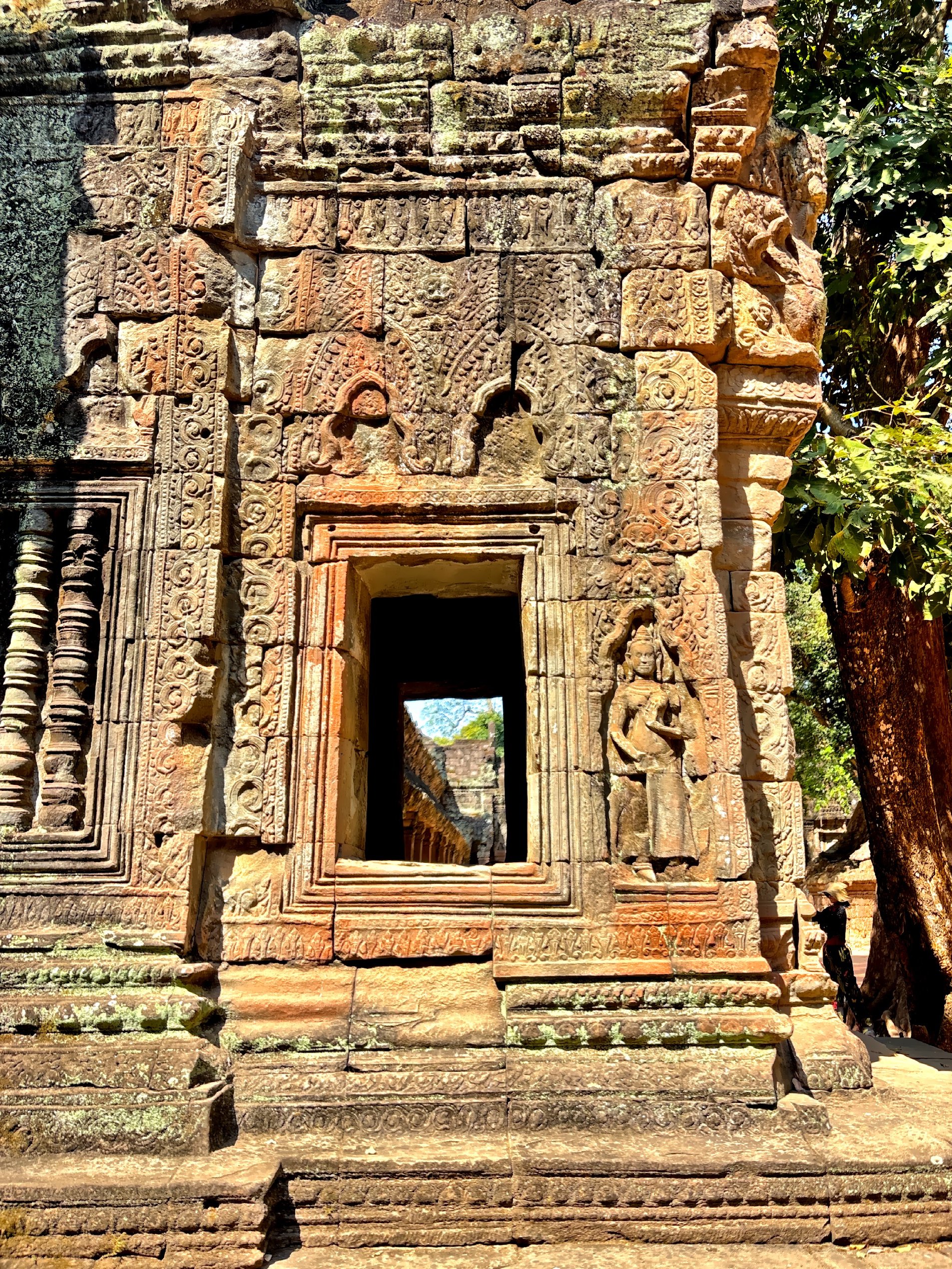  Intricate bas-reliefs carved in sandstone, softened by centuries of jungle air. 