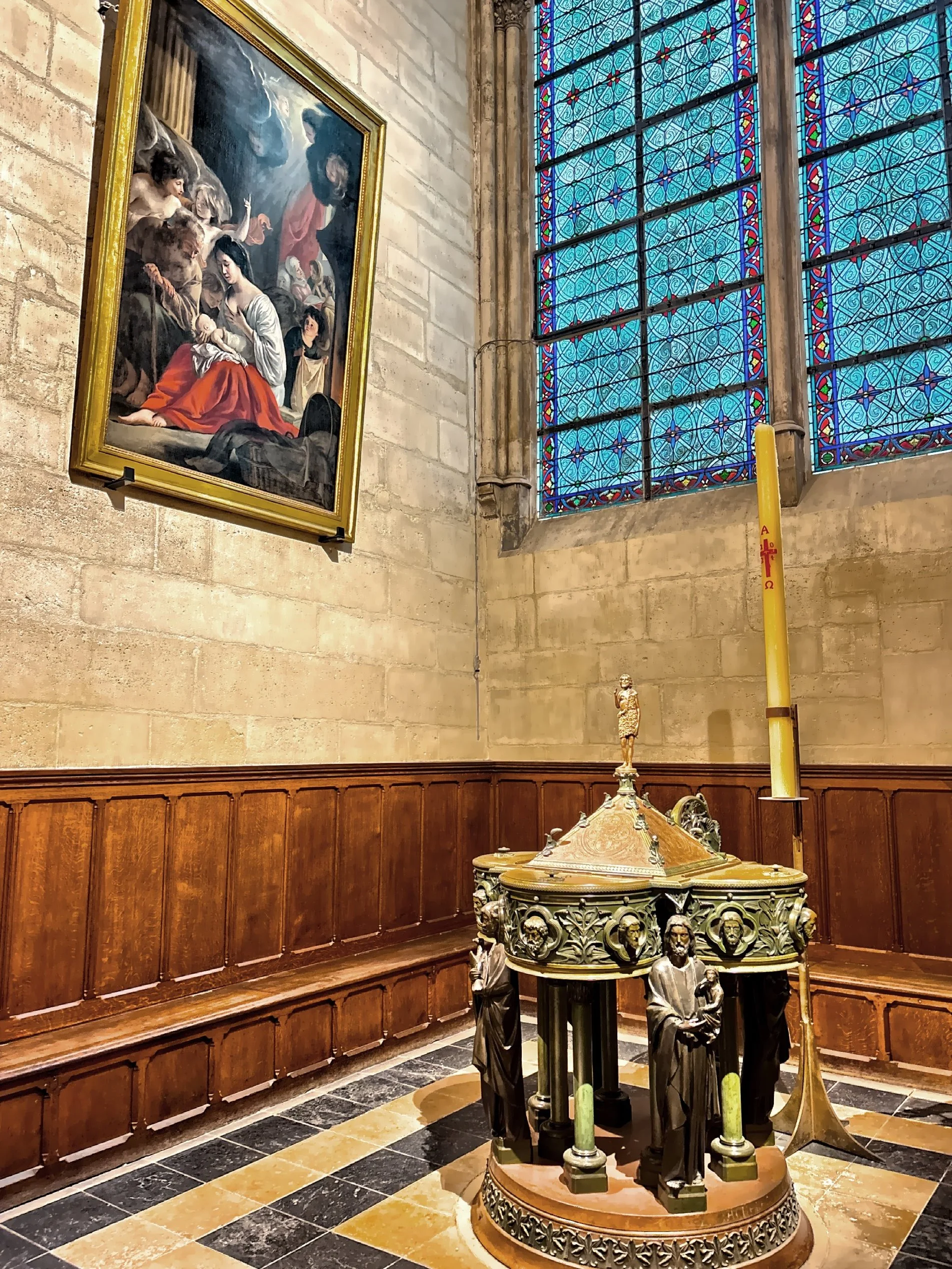  This specific spot, near the baptismal font, is historically recognized as the site of Napolean’s coronation 