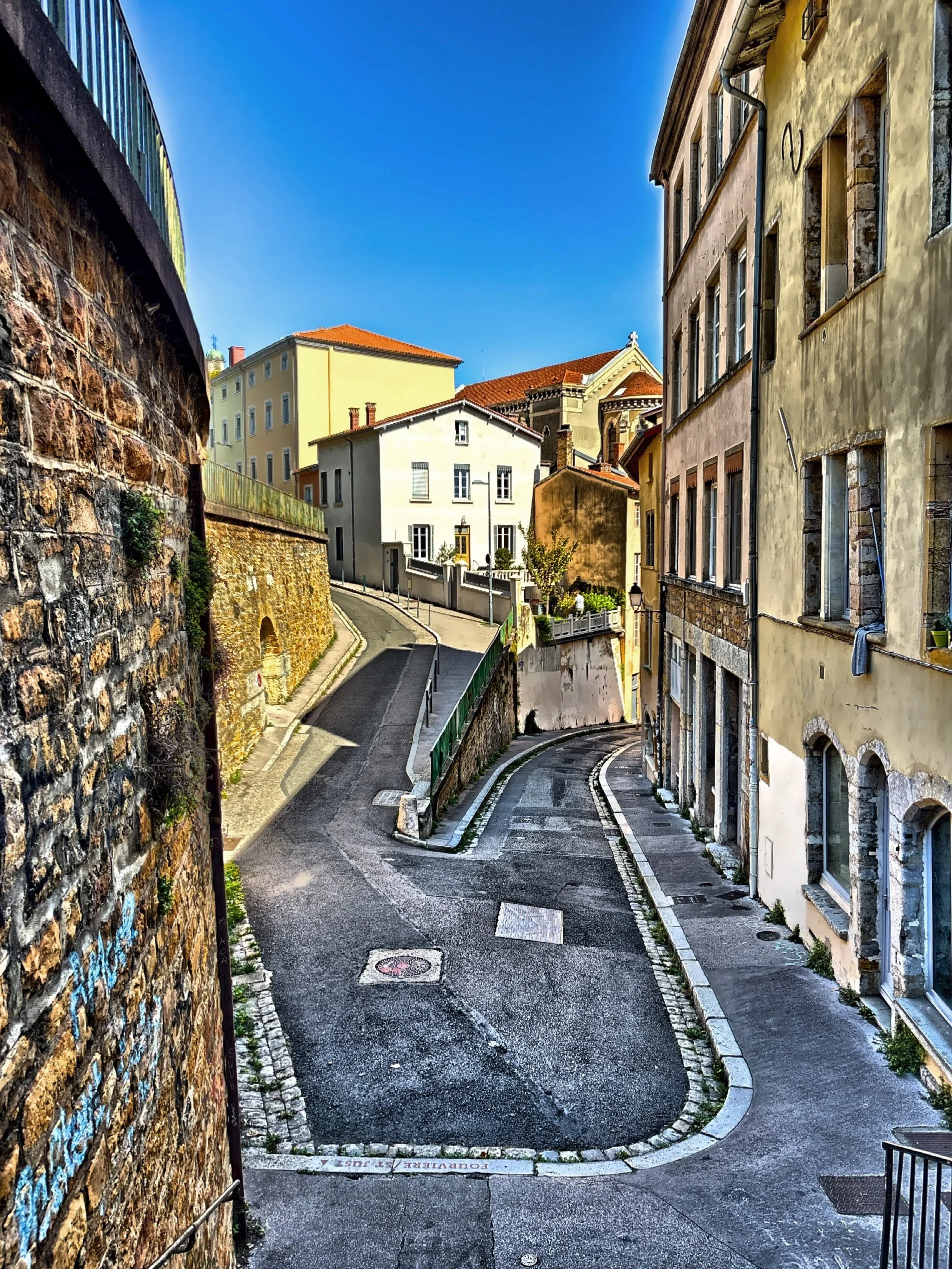  Montee du Gourguillon, one of the oldest and most scenic cobblestone streets connecting Old Lyon to the Fourviere hill. 