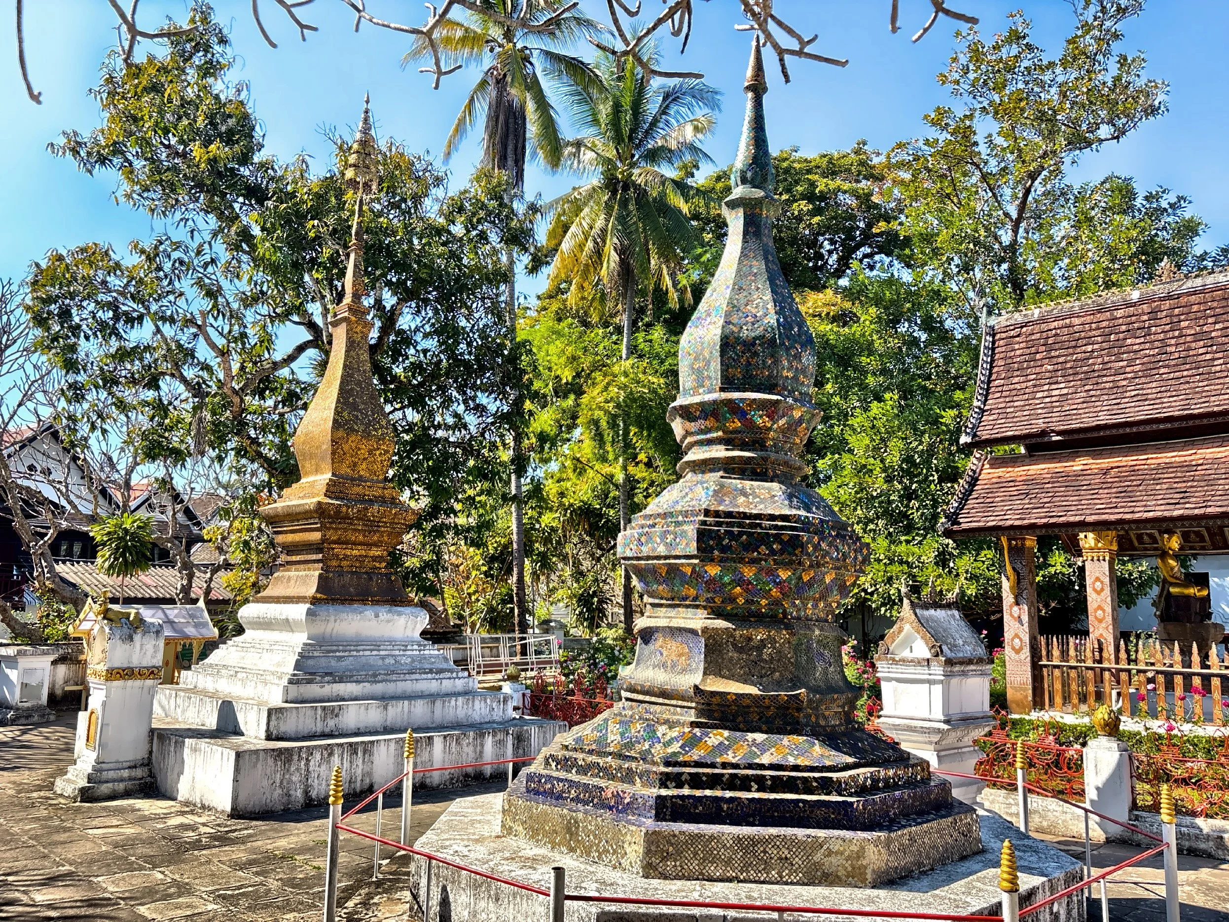  Ornate stupas, a sacred Buddhist monument historically originating as earthen burial mounds in ancient India. 