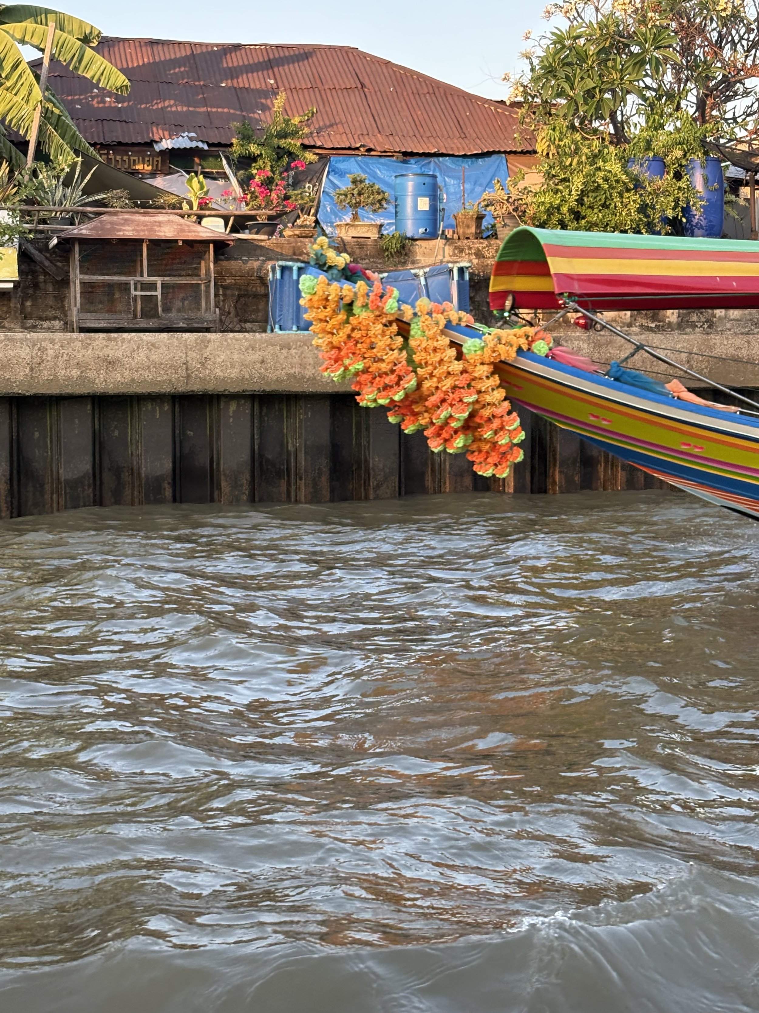  The garlands on the long-tail boat are made of marigolds and are believed to bring good luck and safe travels. 