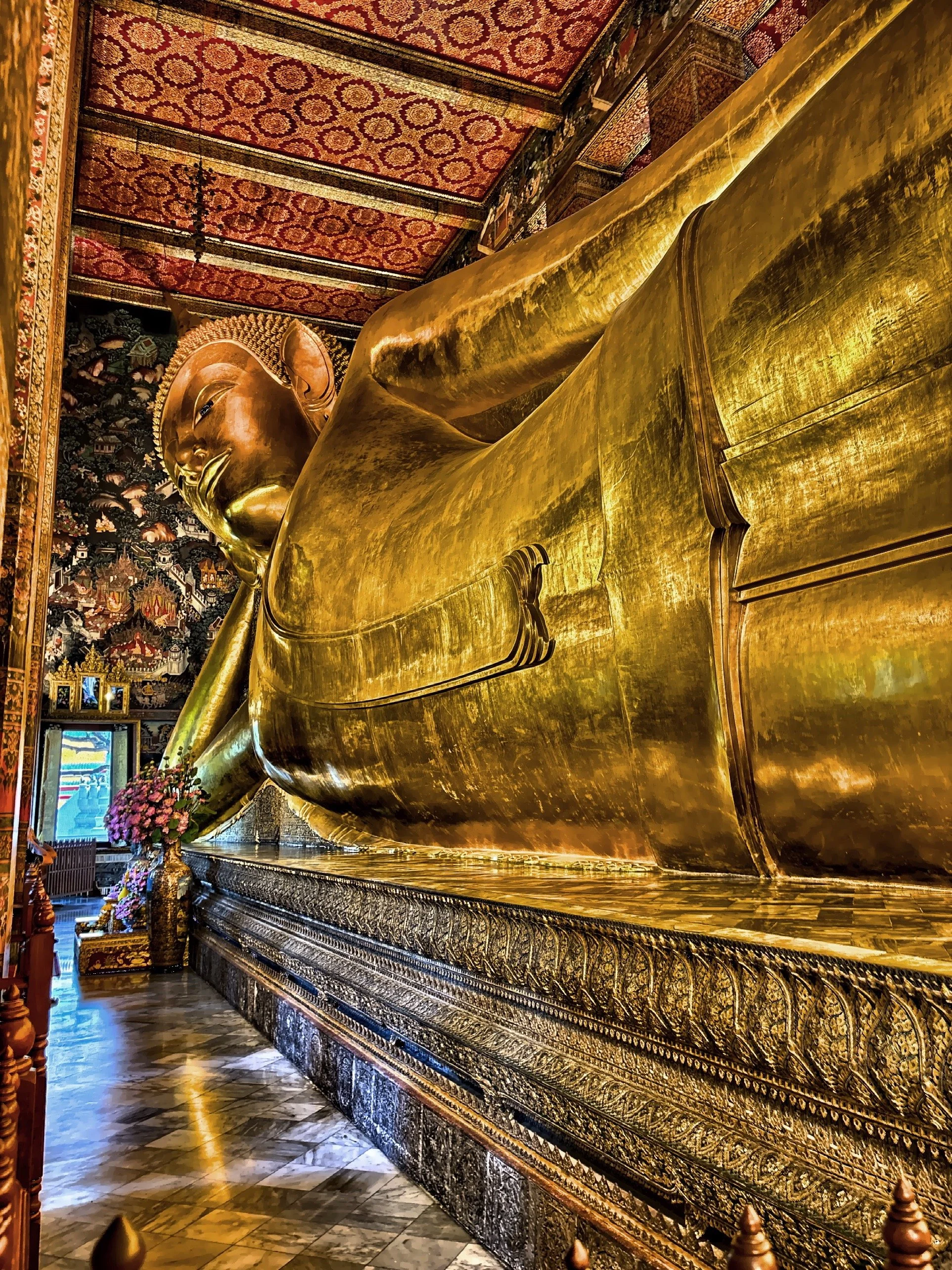  The 150-foot long Reclining Buddha is made of brick, plaster, and gold-plating. 