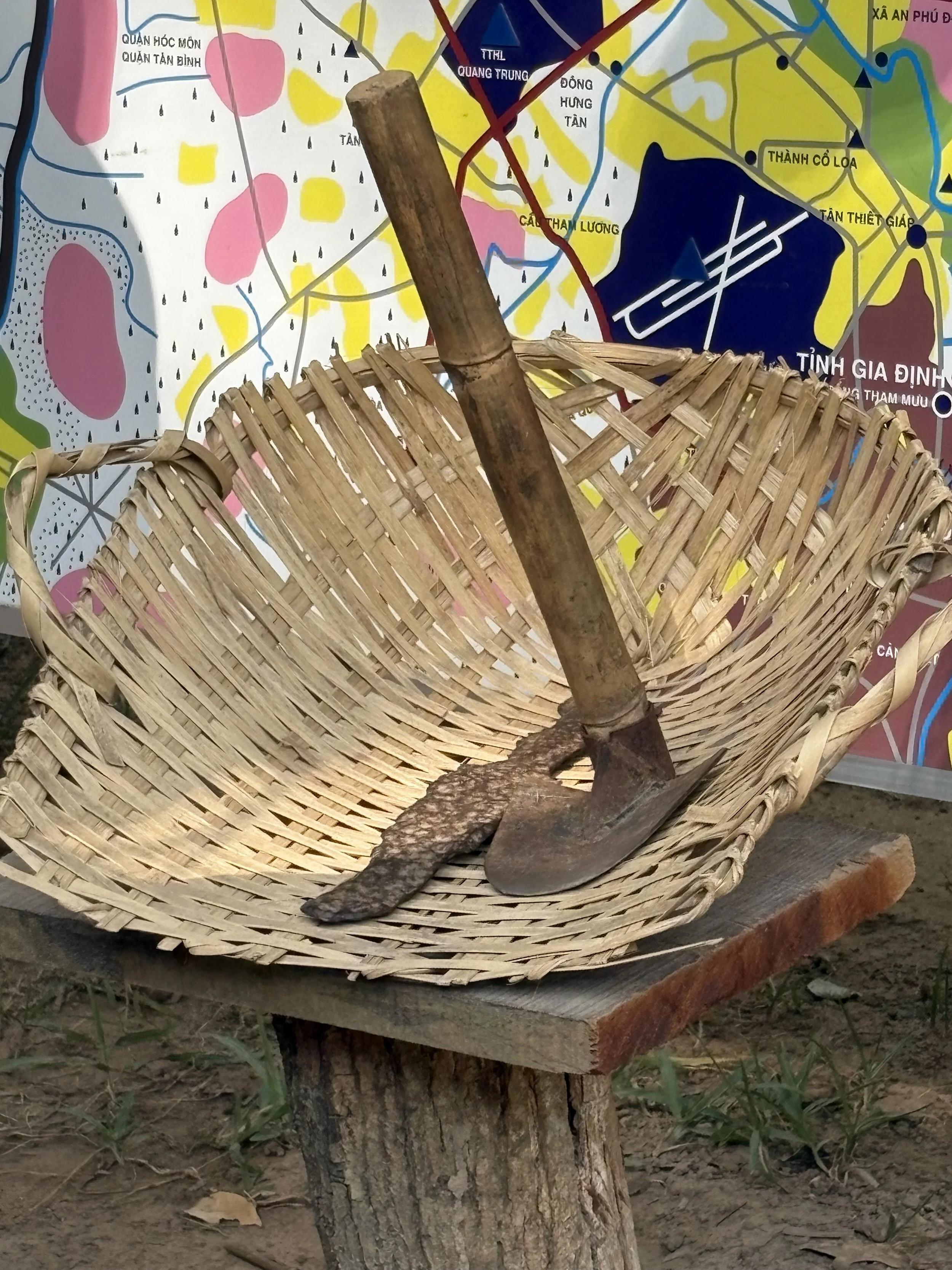  The traditional tools, a small hoe and a woven basket, were essential during the construction of the underground tunnel network.  The hoe for digging and the basket to remove the dirt from the tunnel. 