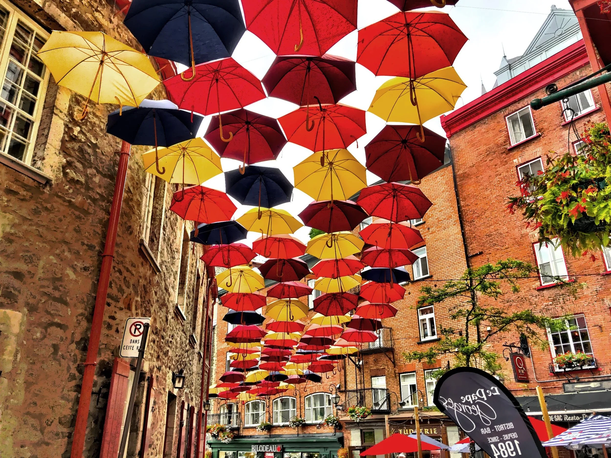  The famous Umbrella Alley, a colorful art installation located on Rue du Cal-de-Sac. 
