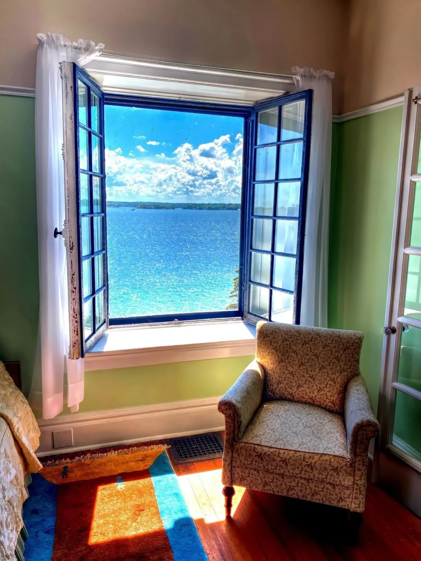 This view is from inside Singer Castle, located on Dark Island in the Thousand Islands region along the St. Lawrence Seaway. The castle was built between 1903 and 1905 by American beaux-arts architect Ernest Flagg. It was originally built as a summer