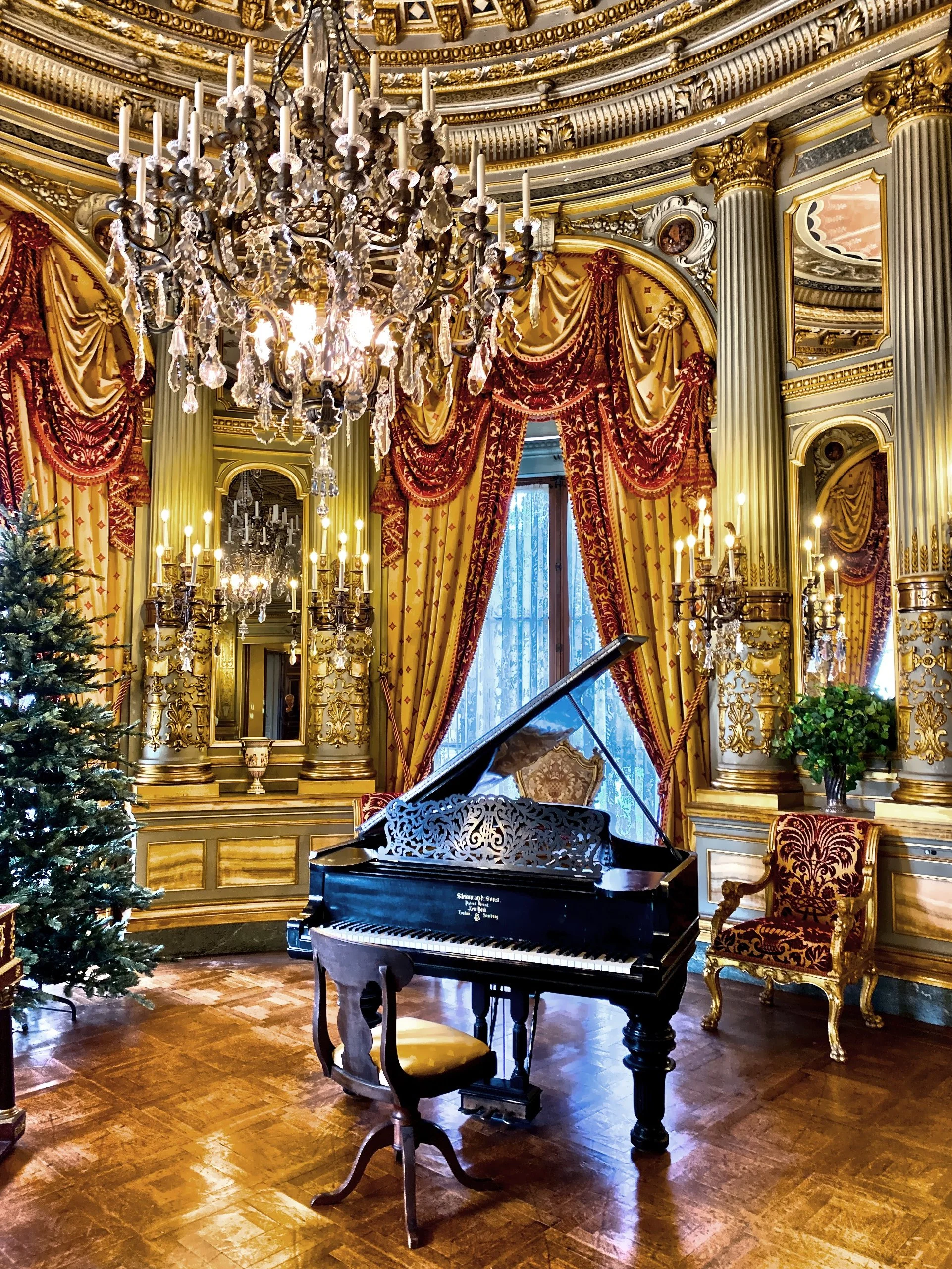  This Music Room with gilded ceiling, was used for recitals and dancing.  It was designed and constructed in France, disassembled, shipped here in crates and then reassembled and installed here.  