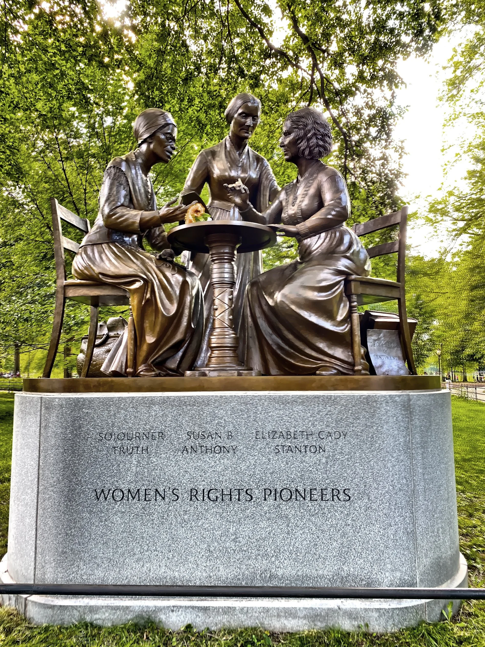  The Women’s Rights Pioneers Monument unveiled in 2020 features Sojourner Truth, Susan B Anthony, and Elizabeth Cady Stanton. 