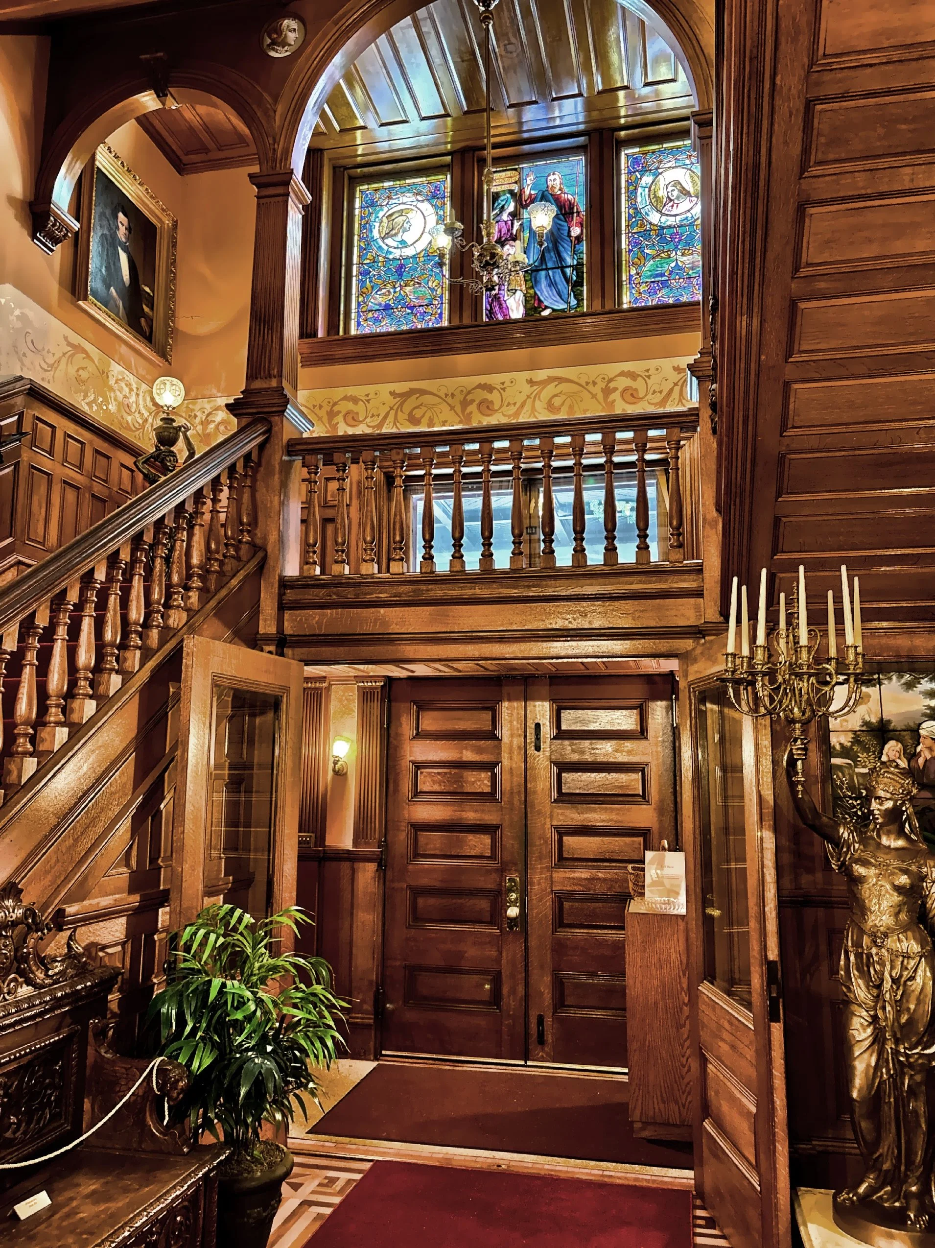  The grand carved woodwork, oppulent wood paneling and beautiful stained glass windows. 