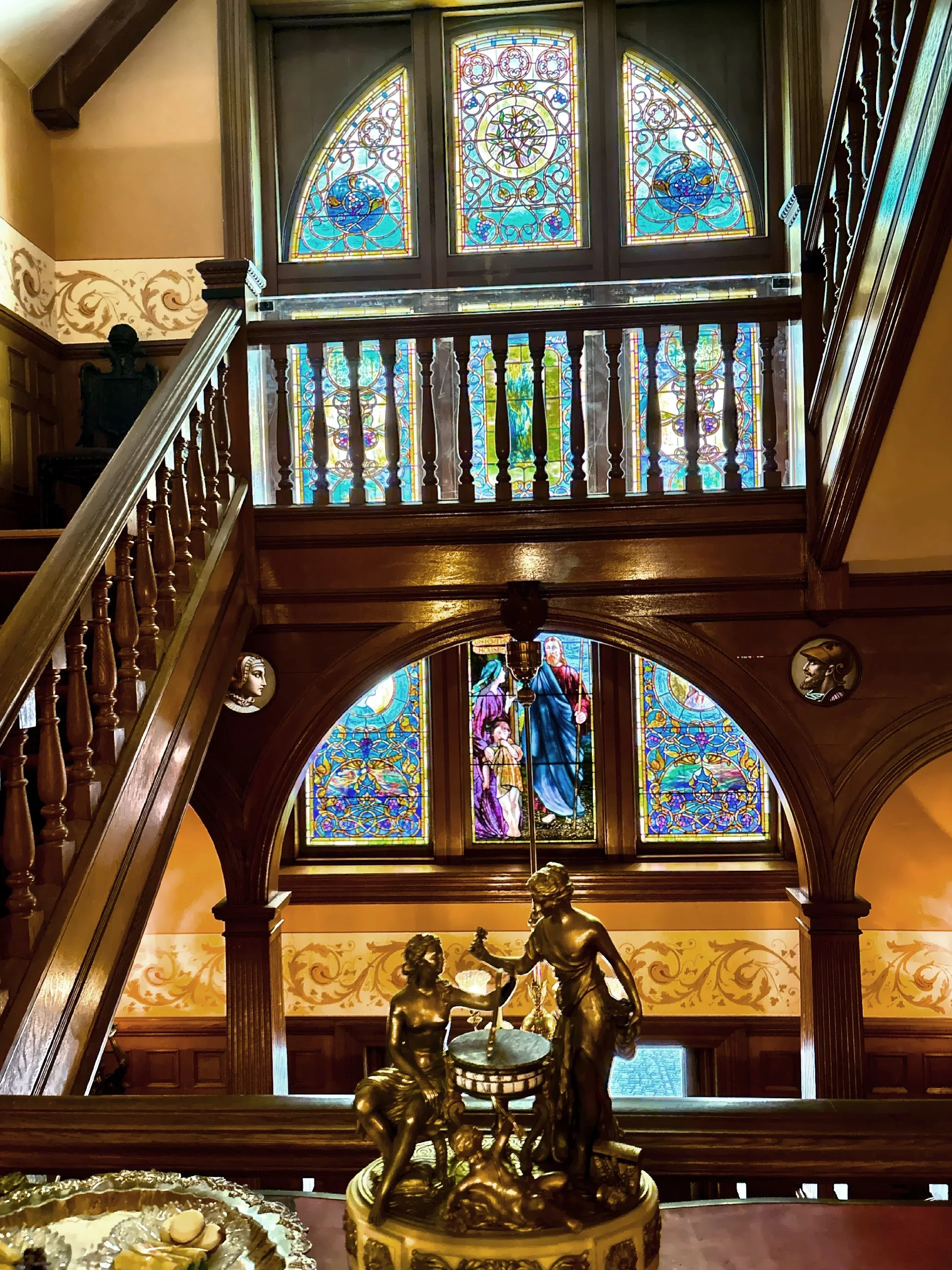  The spectacular 15-foot stained glass windows created by the tiffany Glass and Decorating Company installed in 1892.  In addition to this icon central window, the upper floors of the home feature stained glass transoms, also Tiffany. 