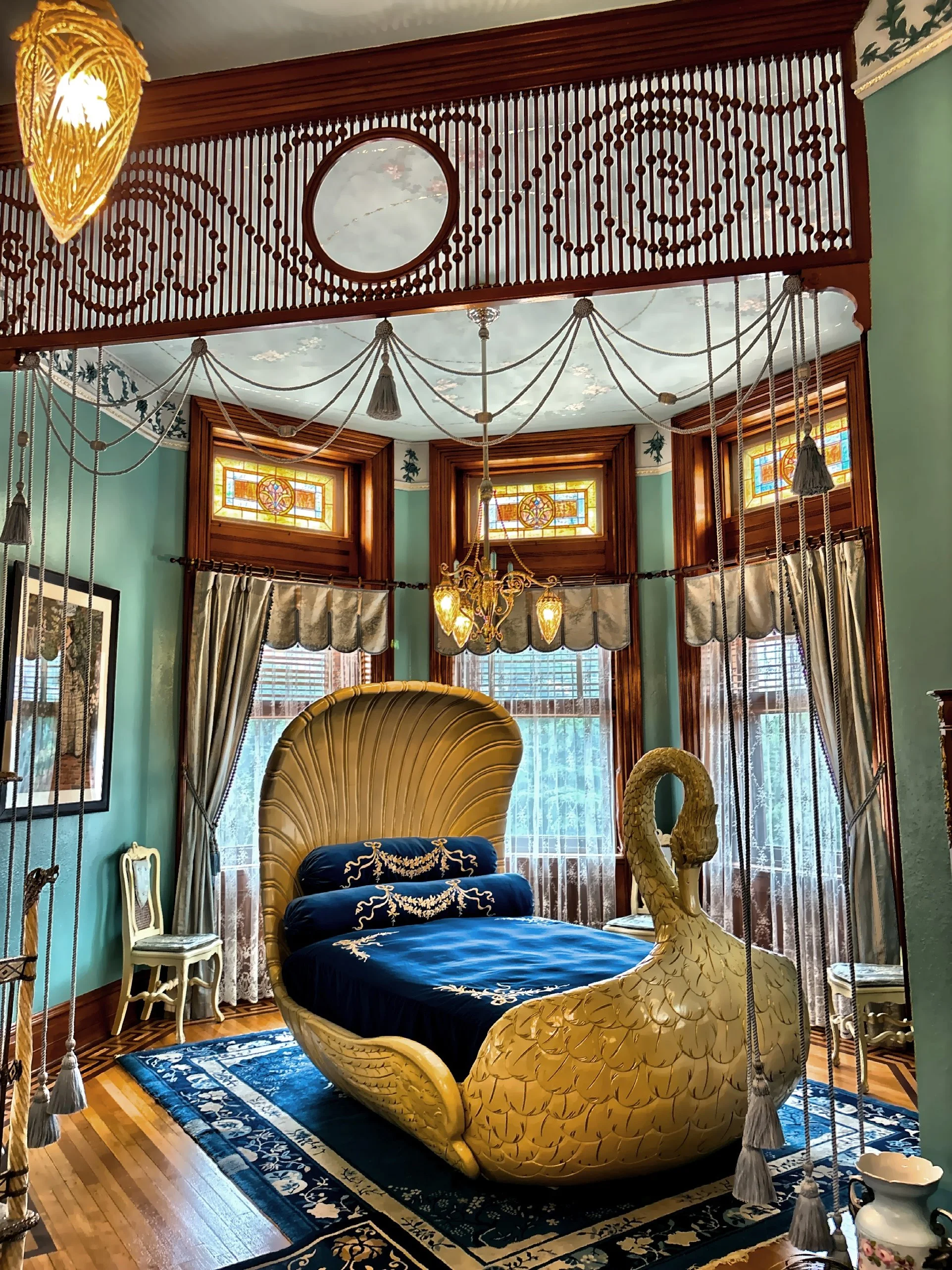  The swan bedroom set designed around 1910 by Neuman and Co. of New York is now In Sallie Dooley’s bedroom.  It was originally custom-built for Mrs Dooley’s summer estate, Swannanoa, before being relocated here. 