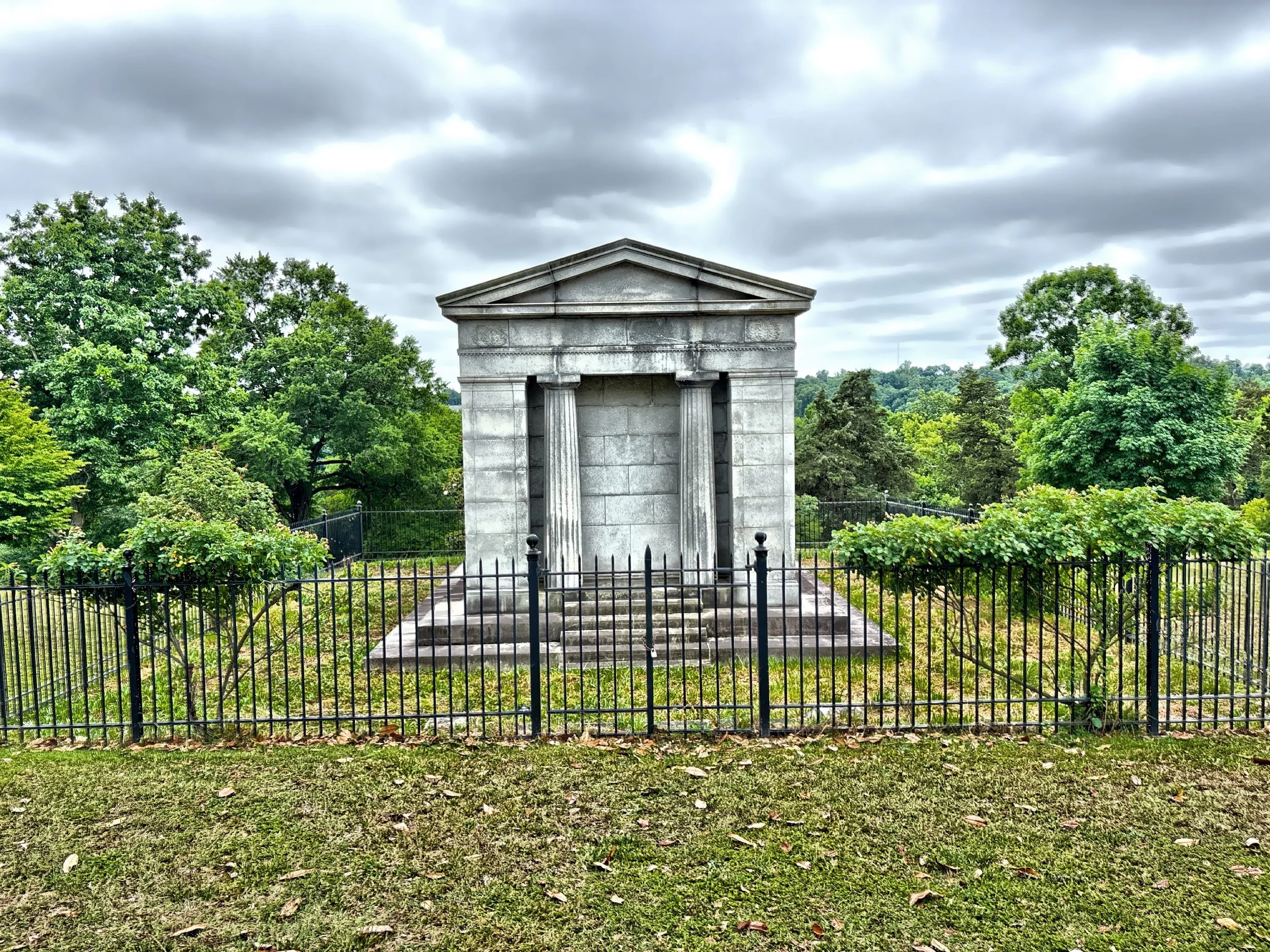  The Dooley Mausoleum, a Neoclassical stone structure built in 1923 overlooking the James River, is the final resting place for James and Sallie Dooley. 