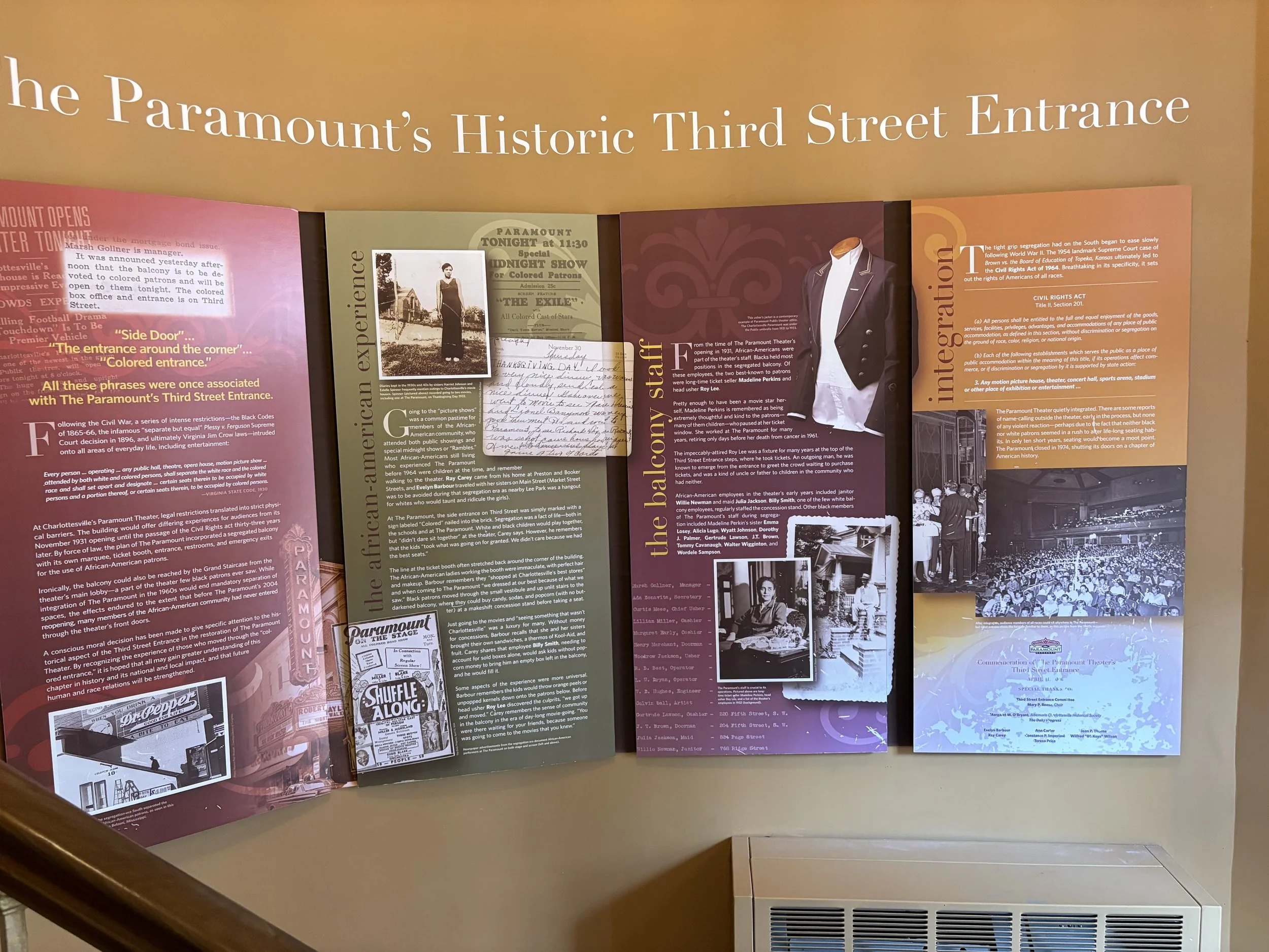  During segregation, Black patrons were directed through the Third Street entrance and restricted to balcony seating. Though painful, these preserved spaces and stories help us understand the realities of segregation and the importance of the progres