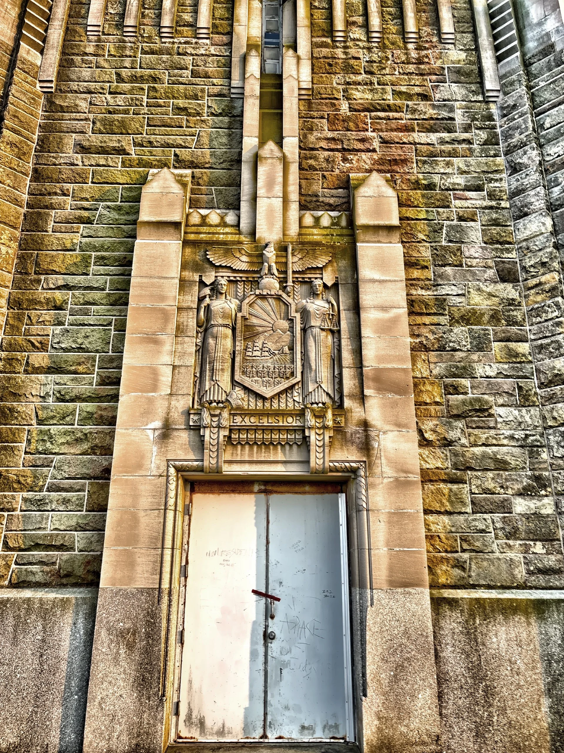  Some of the stone relief sculpture located at the base of the Water Tower. 