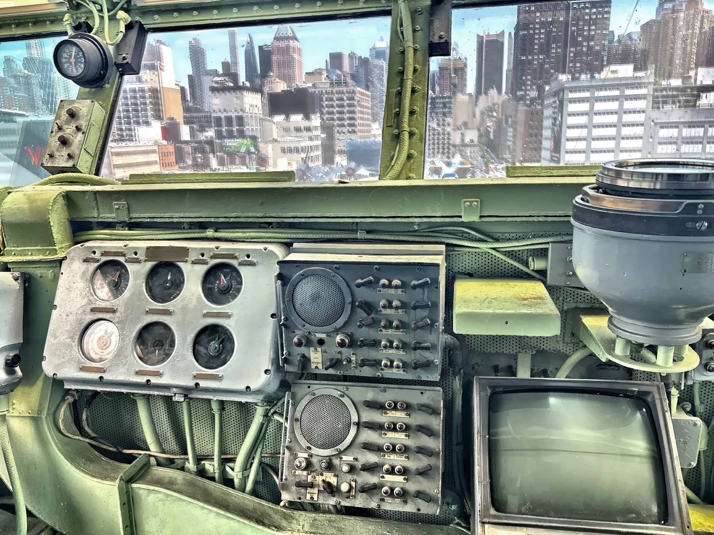  Vintage monitoring and radar equipment in the navigation and command bridge. 