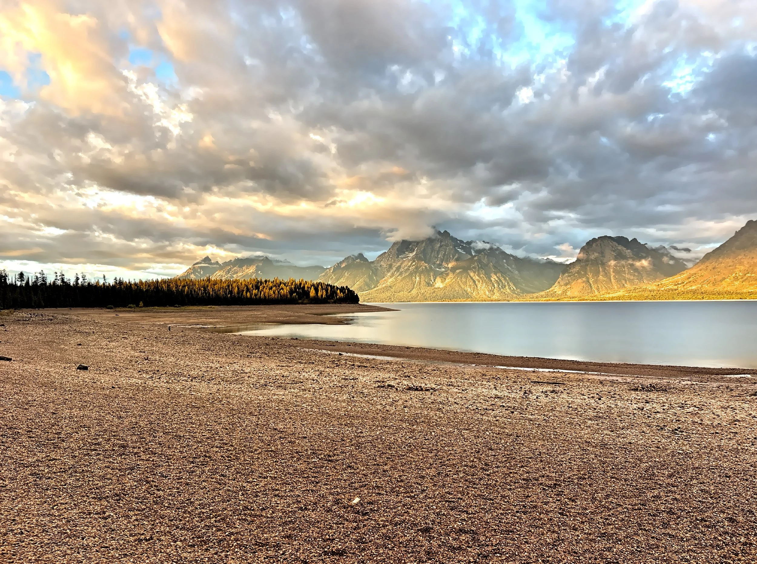  A view of the pebble-strewn Jackson Lake shoreline near Colter Bay / Lakeshore Trail.  