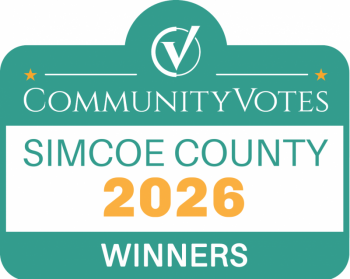 Community votes for Simcoe County 2026 winners, with a teal background, white text, and orange highlight for '2026'.