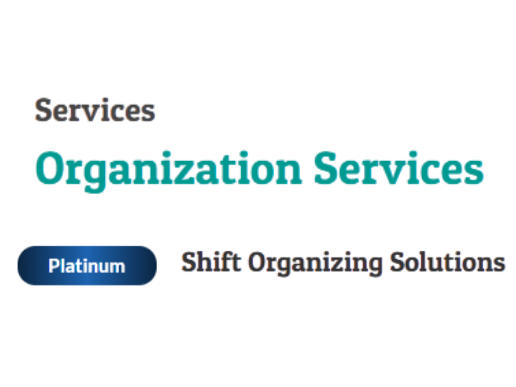 Text-based graphic with the words 'Services Organization Services' and a blue button labeled 'Platinum' followed by 'Shift Organizing Solutions'.
