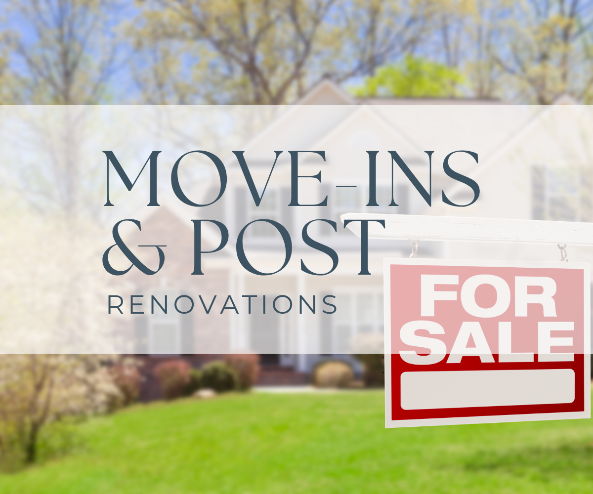 A house with a 'For Sale' sign in the front yard and a banner for 'Move-Ins & Post Renovations' overlaying the image.
