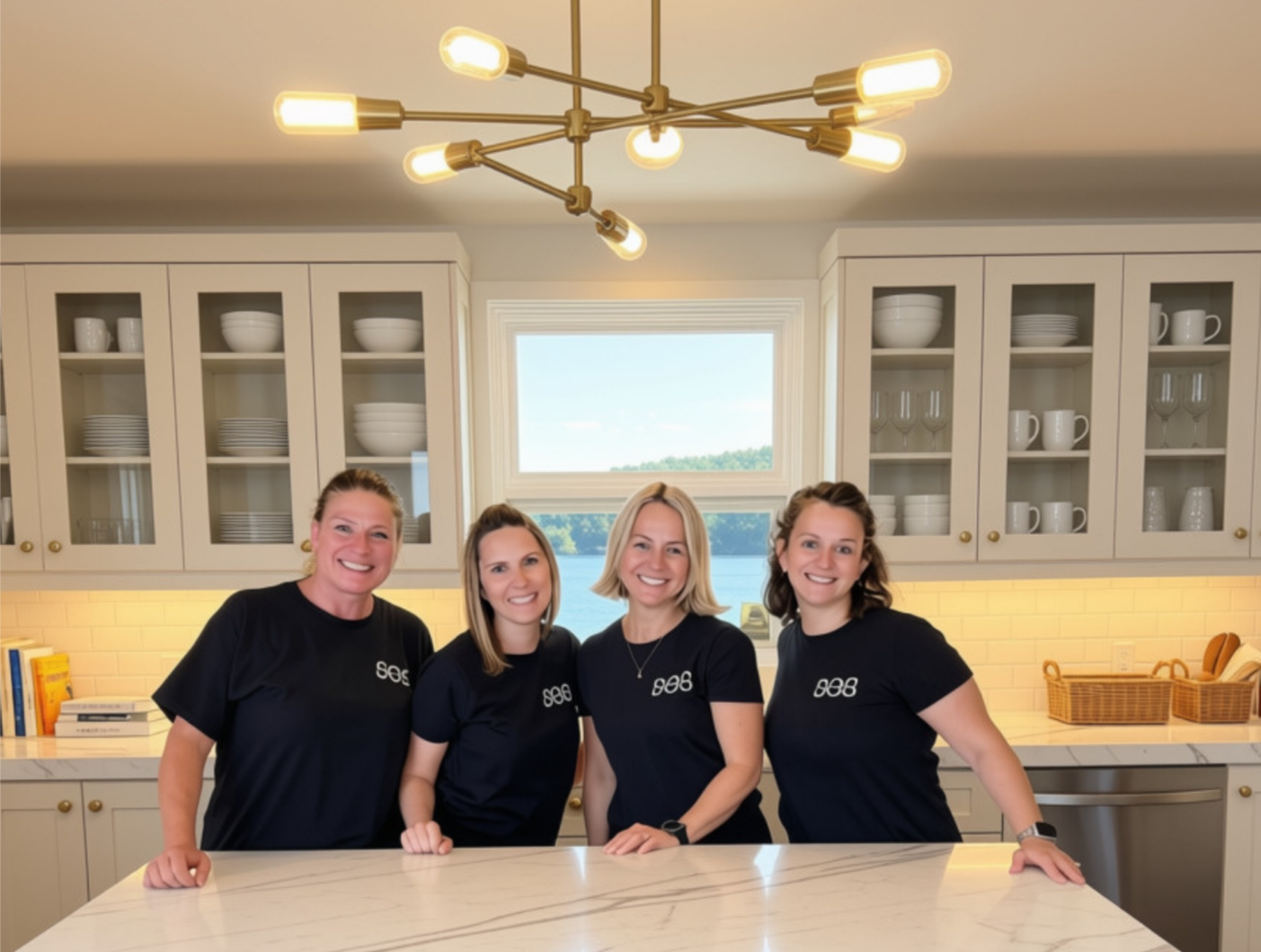 Four women standing in a bright kitchen, smiling, wearing matching black shirts, with a window showing a lake and trees in the background.