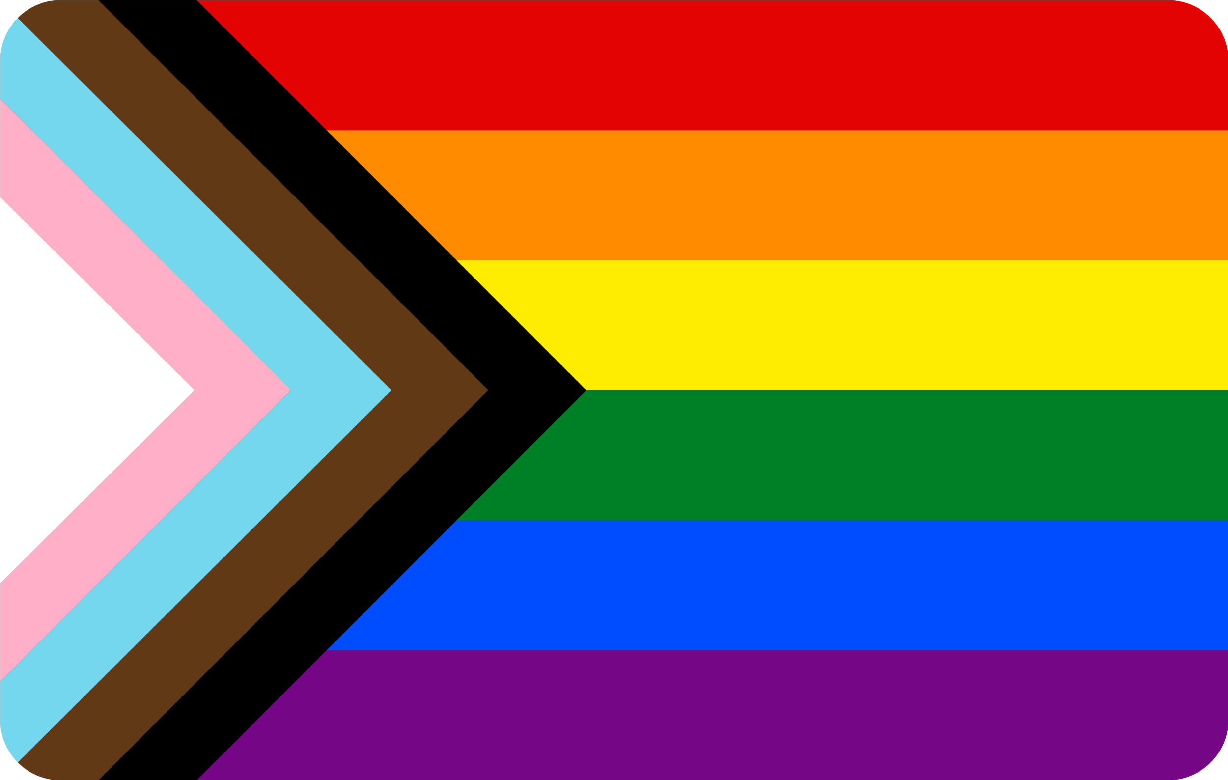 A pride flag with horizontal rainbow stripes and a Chevron pattern with pink, light blue, brown, black, and white stripes.