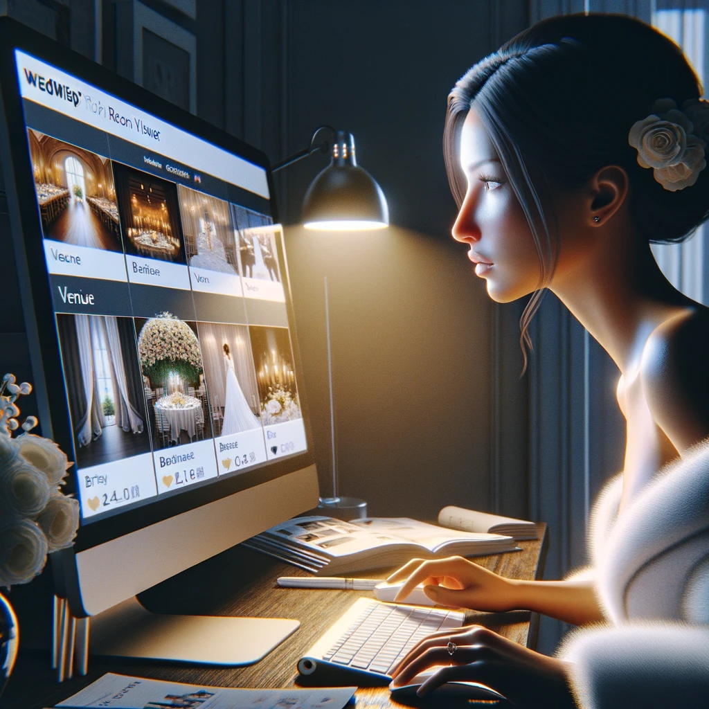 DALL·E 2023-11-02 11.27.39 - Photorealistic depiction of a bride in a well-lit home office setting, intently navigating the 'WedWisp Room Viewer' on her high-resolution computer s.png