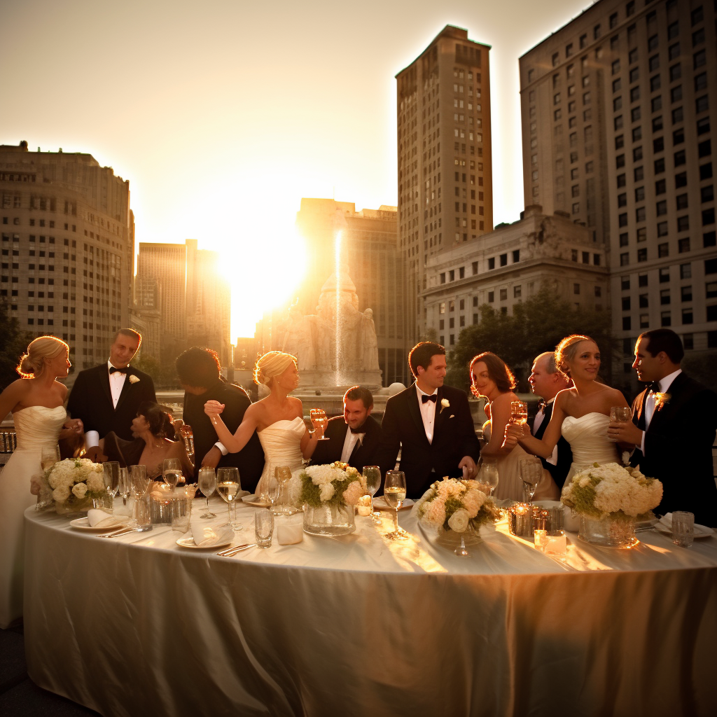 Wedding reception at sunset in an urban setting with several elegantly dressed couples around a decorated table holding drinks.