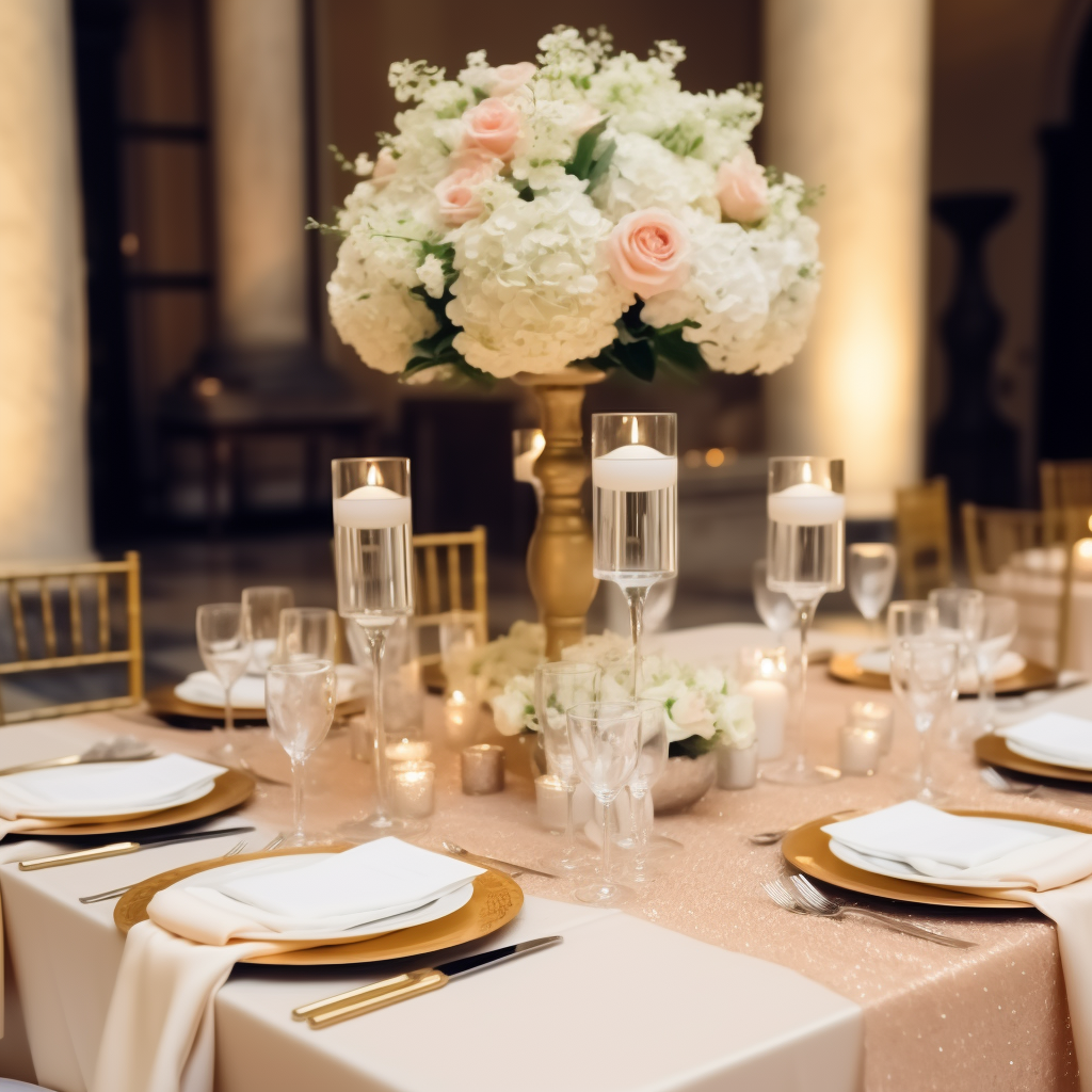 Elegant event table with a large floral centerpiece, candles, glassware, gold-rimmed plates, and neatly folded white napkins.