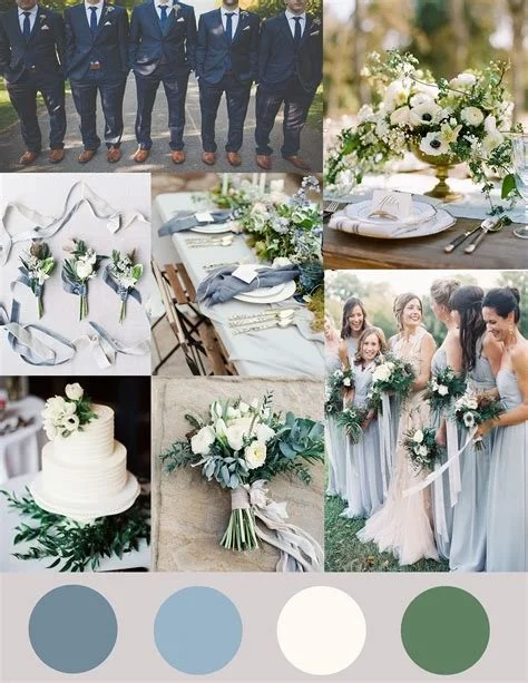 Wedding details including groomsmen in suits, floral arrangements, table setting with napkins and silverware, bridesmaids in light blue dresses holding bouquets, wedding cake decorated with white flowers, and color palette of blue, white, and green.