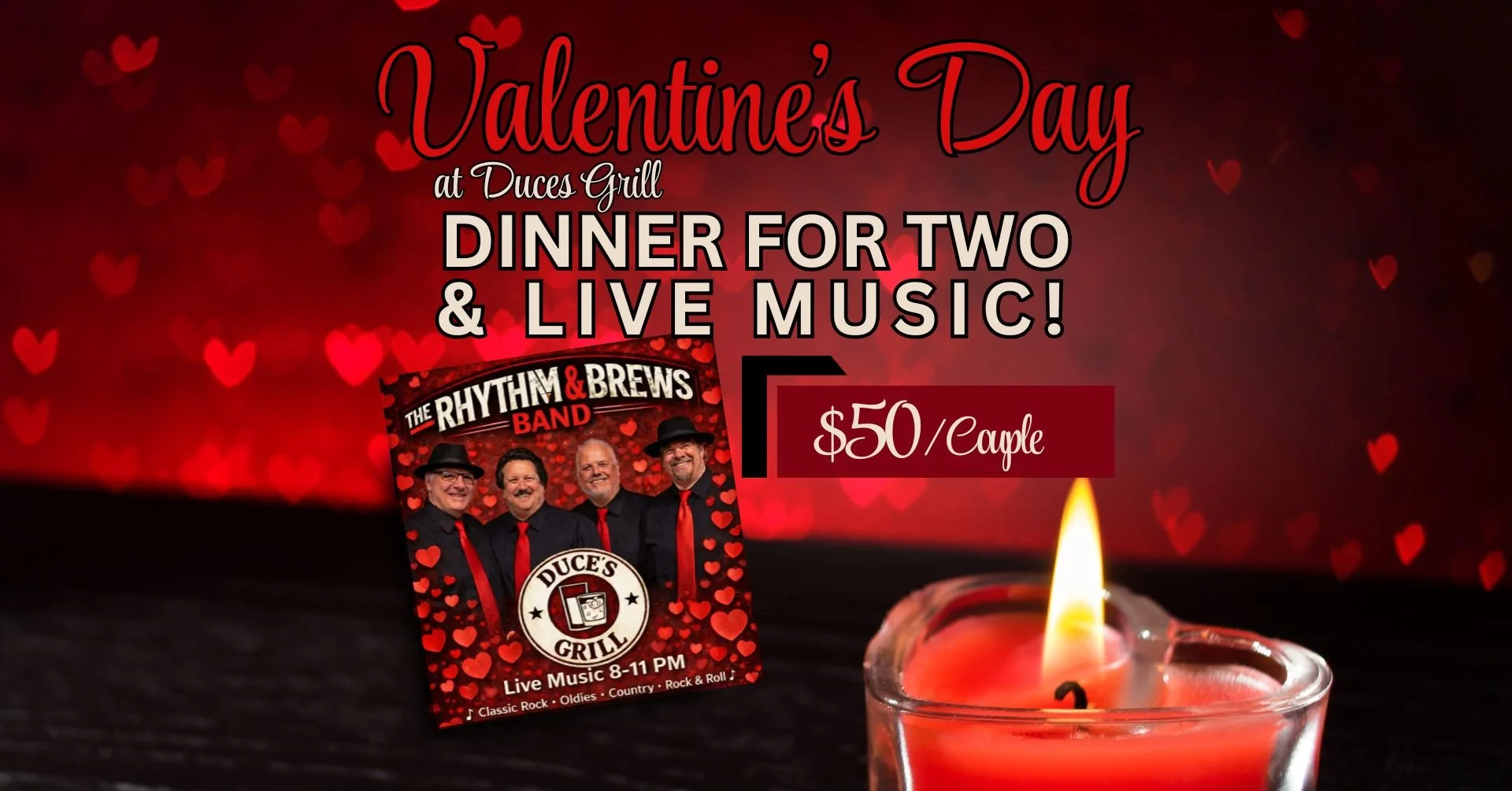 Valentine's Day Dinner for Two & Live Music (Rhythm & BRews Band)