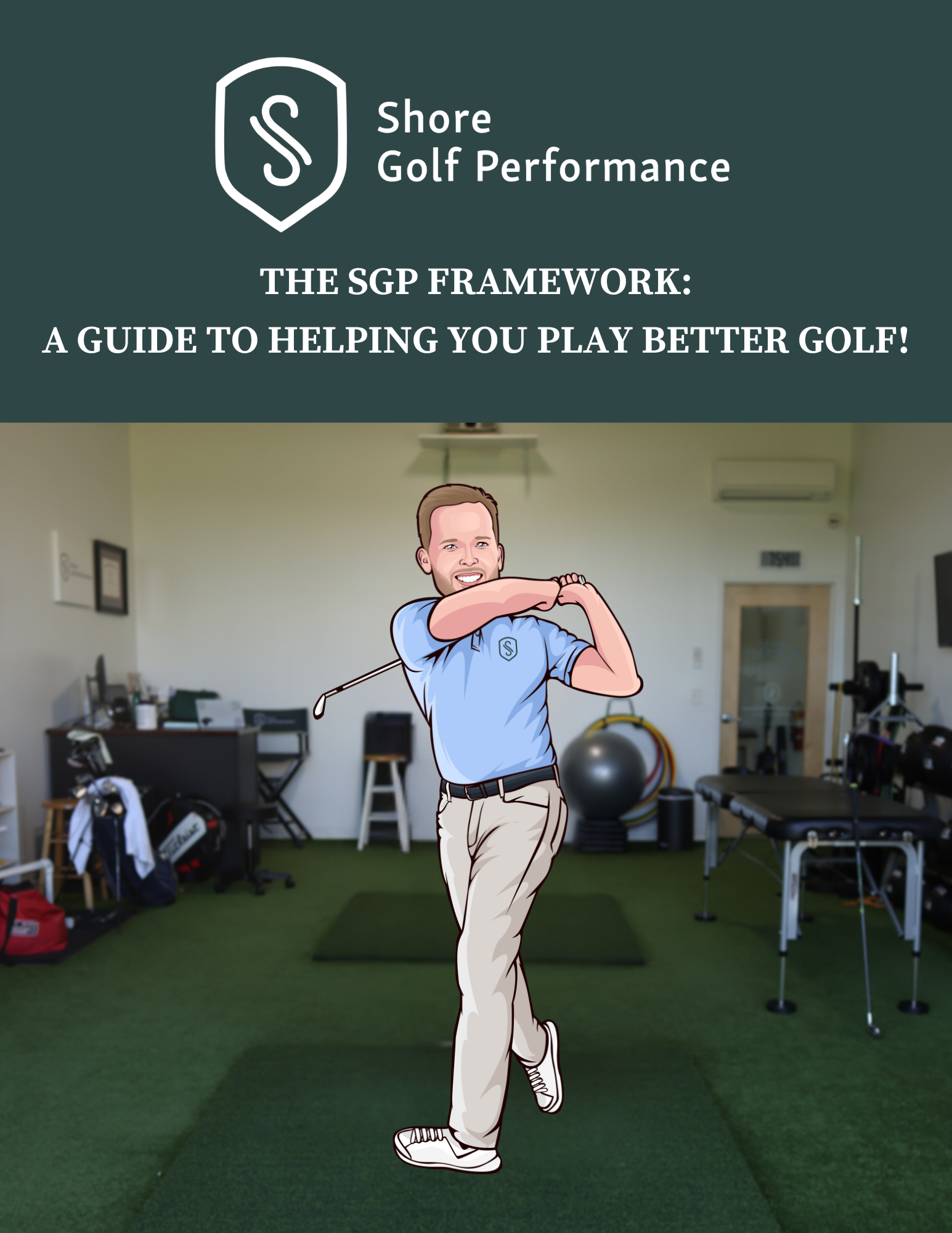 Illustration of a man in a golf training facility, demonstrating a golf swing with a smile, in front of gym equipment and green mats, with overlay text about Shore Golf Performance