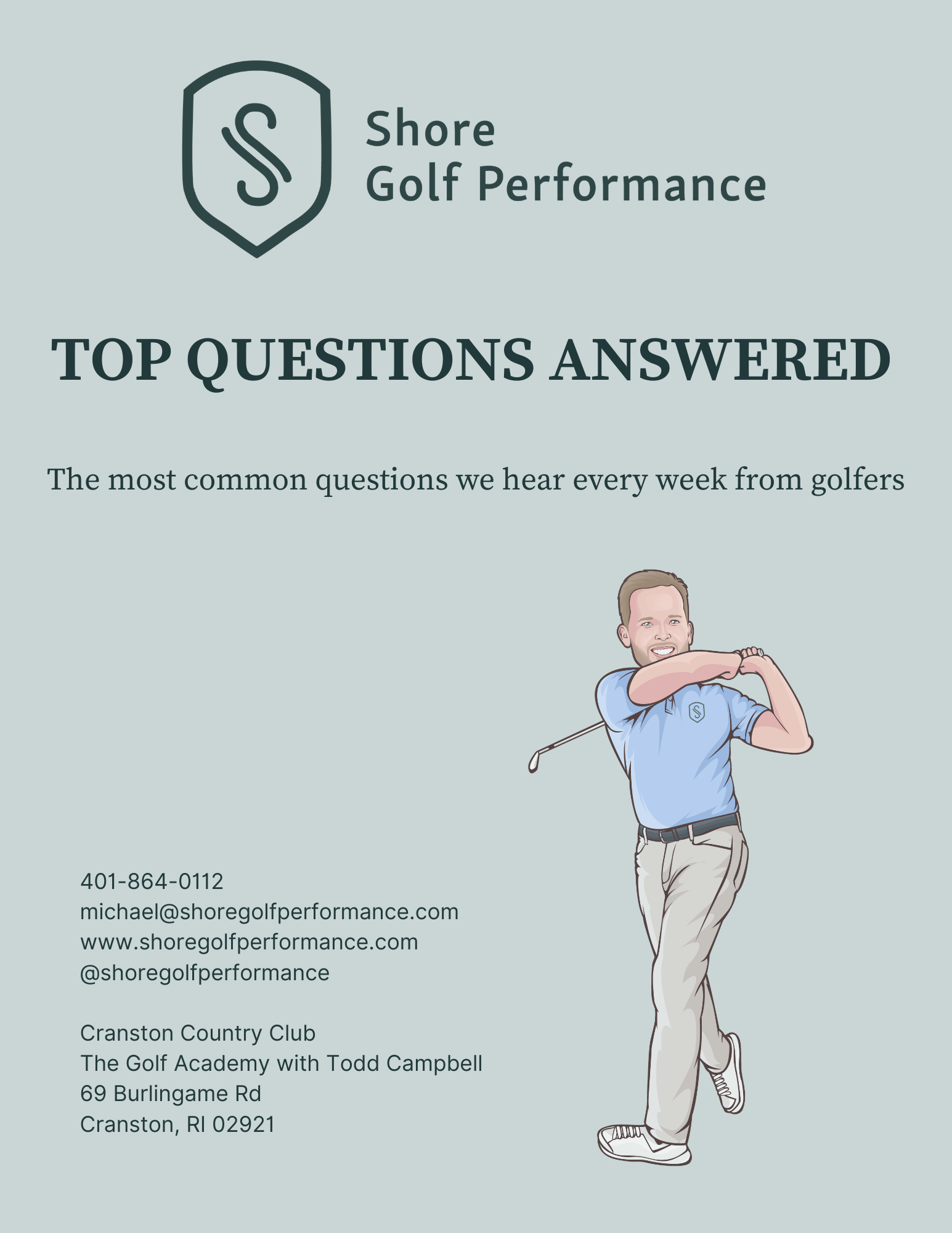 Flyer for Shore Golf Performance featuring a smiling man in golf attire and a golf club, with contact info and address.