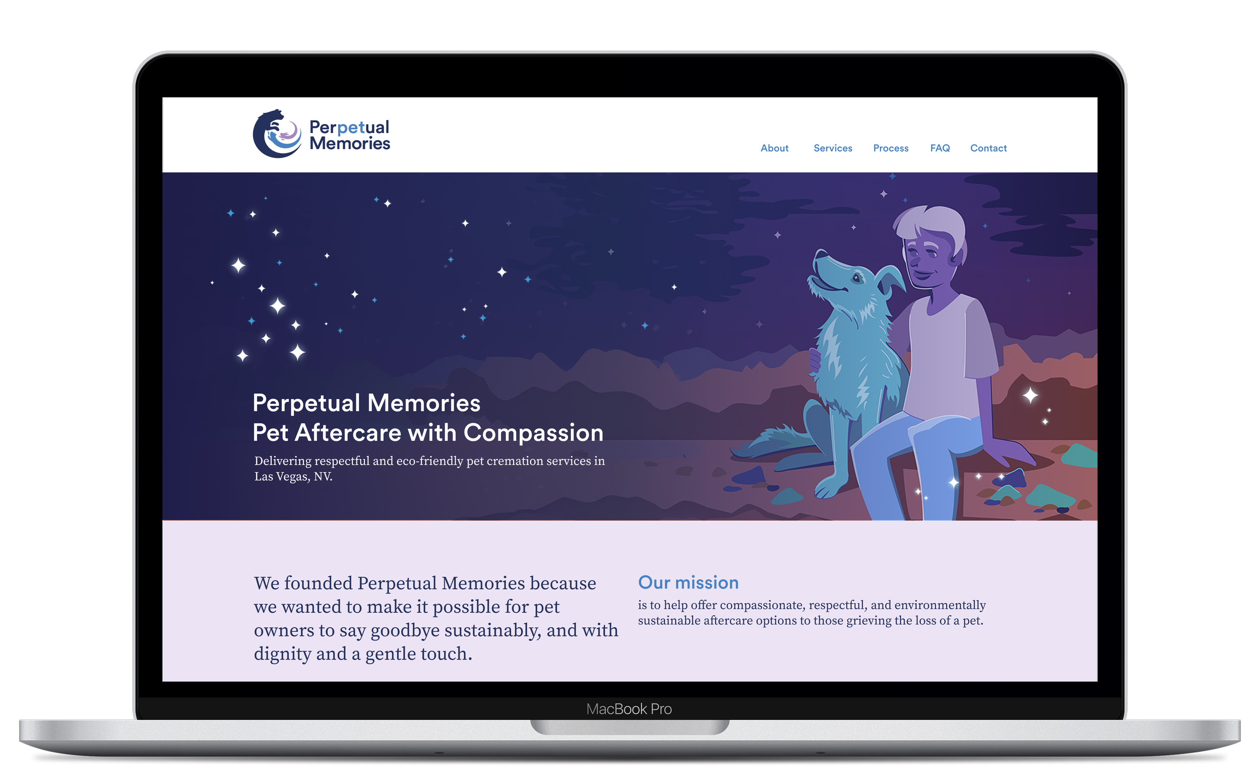Image of Perpetual Memories landing page inside a macbook pro laptop.