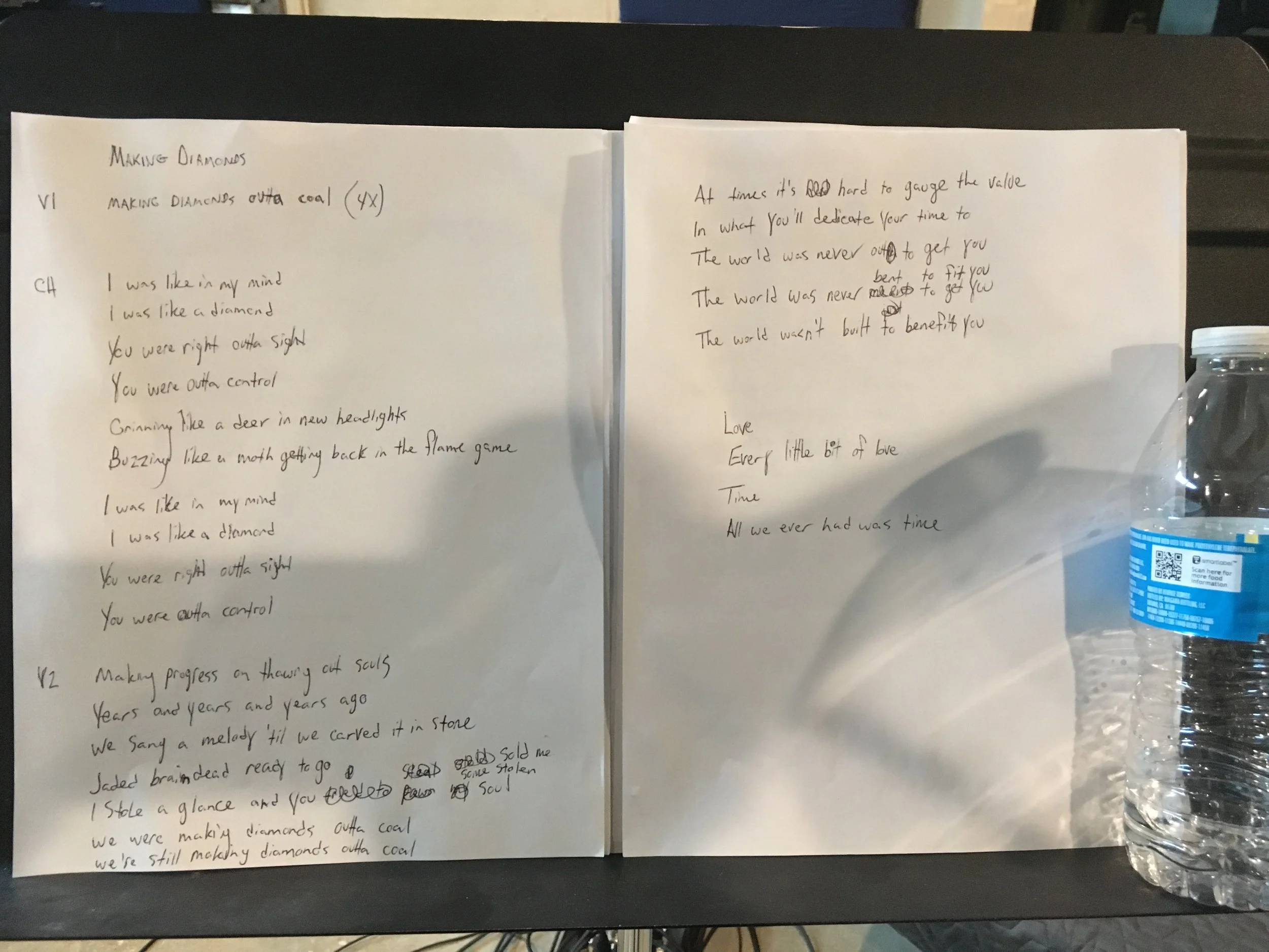 Lyrics for "Making Diamonds" while doing vocal tracking for Just a Little Pick Me Up in March 2019 in Dripping Springs, TX.
