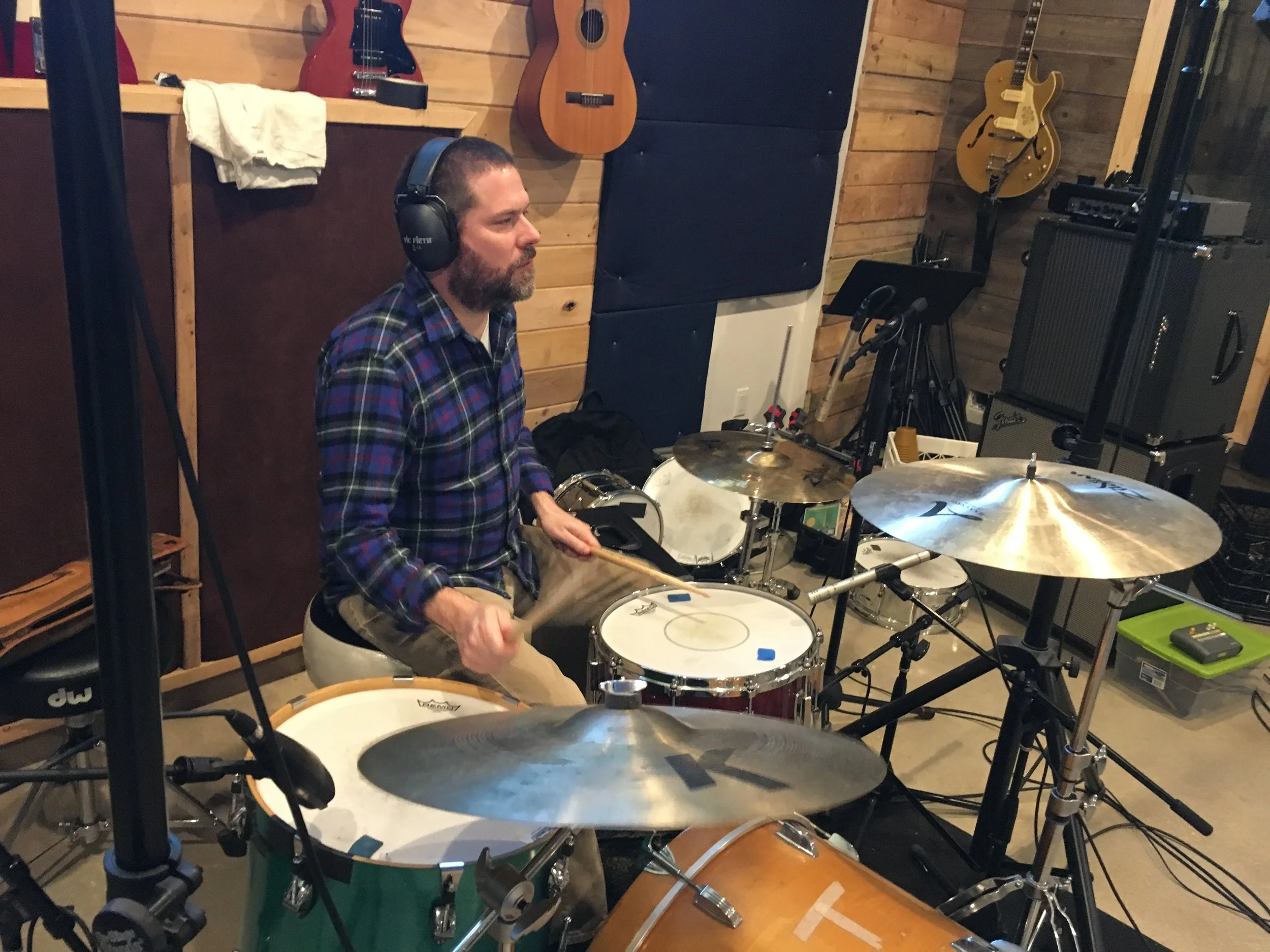 Jonathan Jackson tracking drums for Just a Little Pick Me Up in December 2018 at Audiostyles in Dripping Springs, TX.