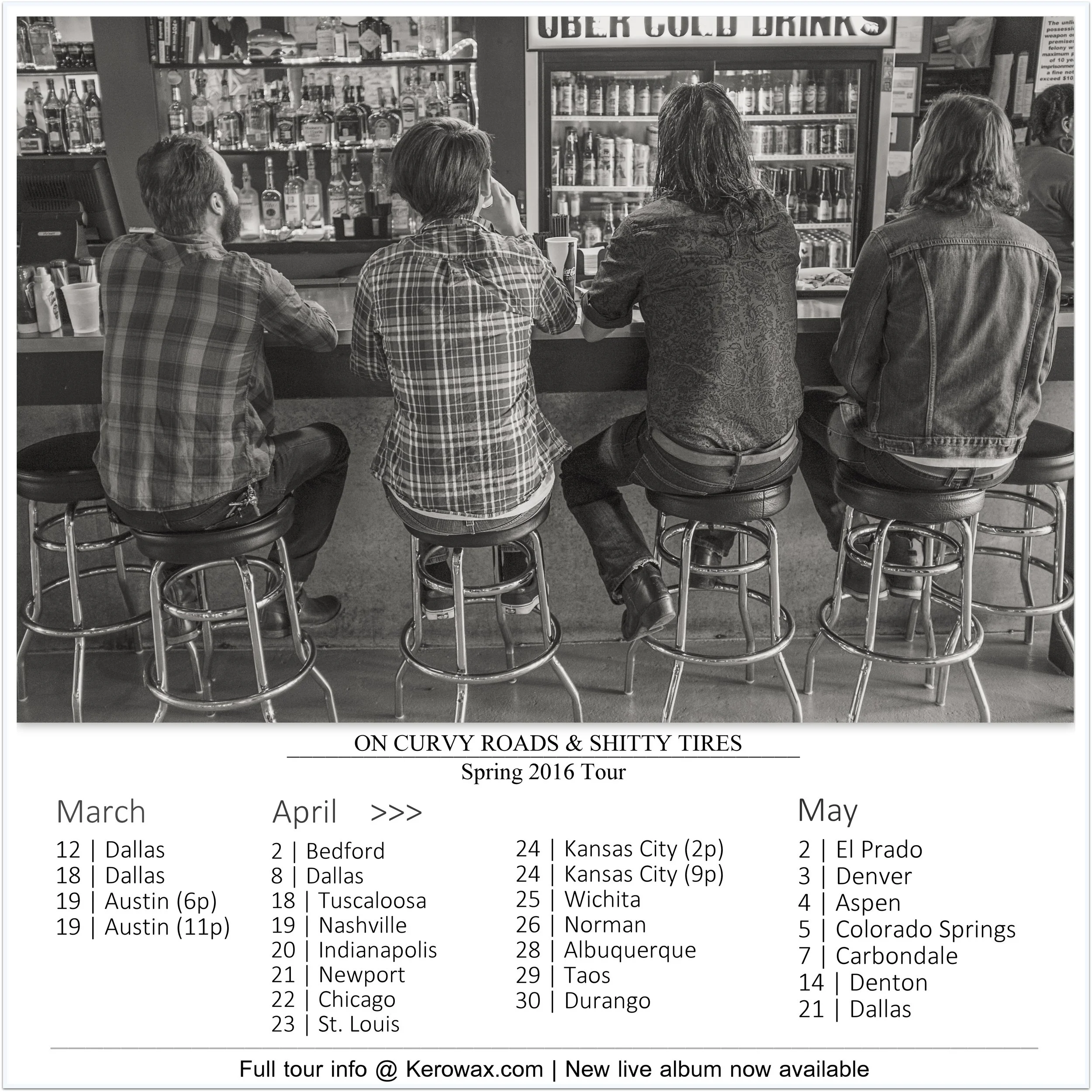 Jack Kerowax went on tour in 2016 to promote a live EP that was tracked live in one take at a studio live broadcast in Evergreen, CO while the band was on a previous tour promoting their debut LP. Pictured L to R Garrett Padgett, Nash Griggs, Nathan 