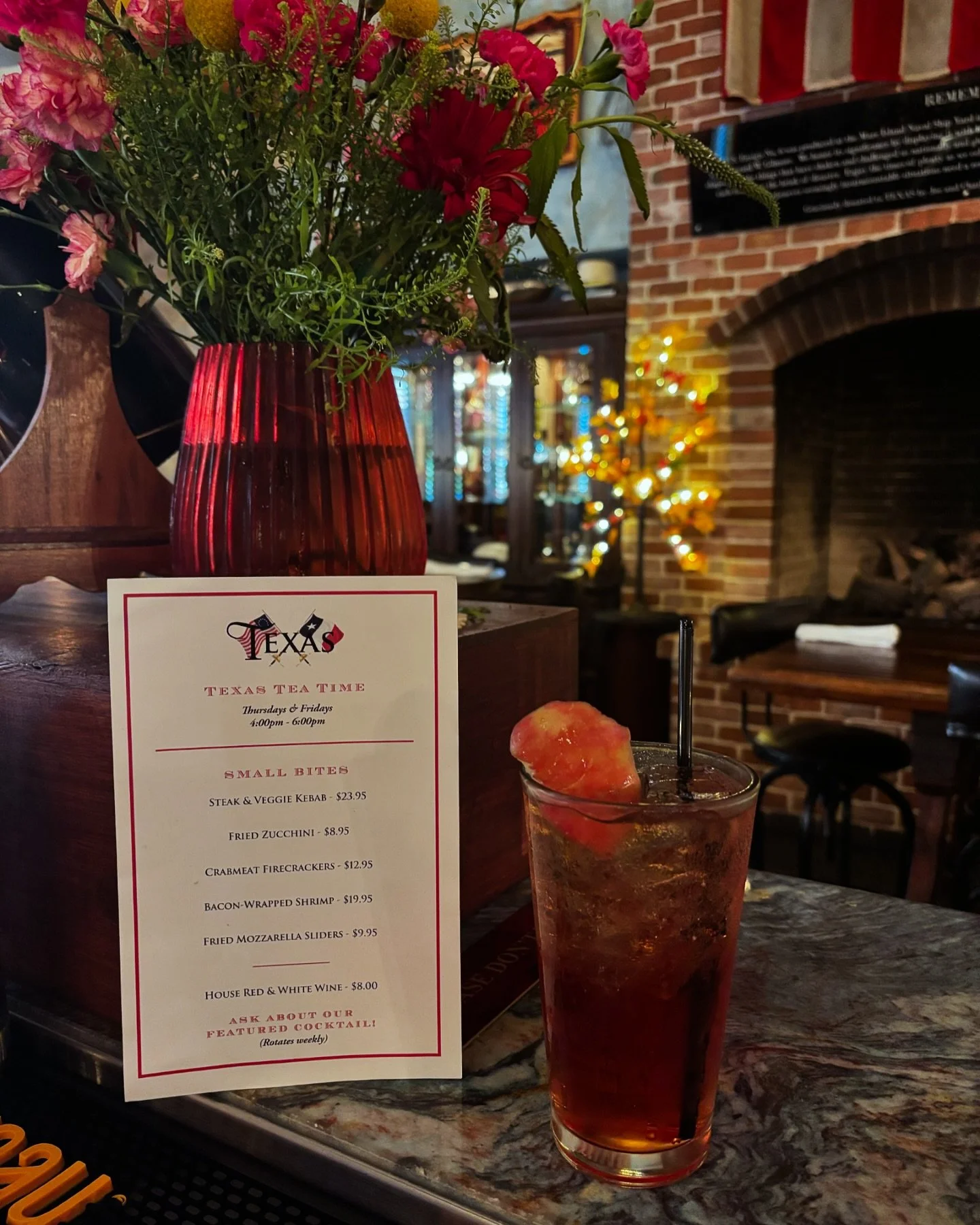 Come try our new fall cocktail during our TEXAS Tea Time tonight from 4:00-6:00pm! 

&ldquo;Autumns up!&rdquo;
Goldschlager
Cranberry 
Orange liquor 
Amaretto
Ginger ale