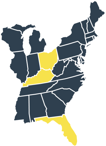 Map of the United States showing some states colored yellow and others dark blue or black.