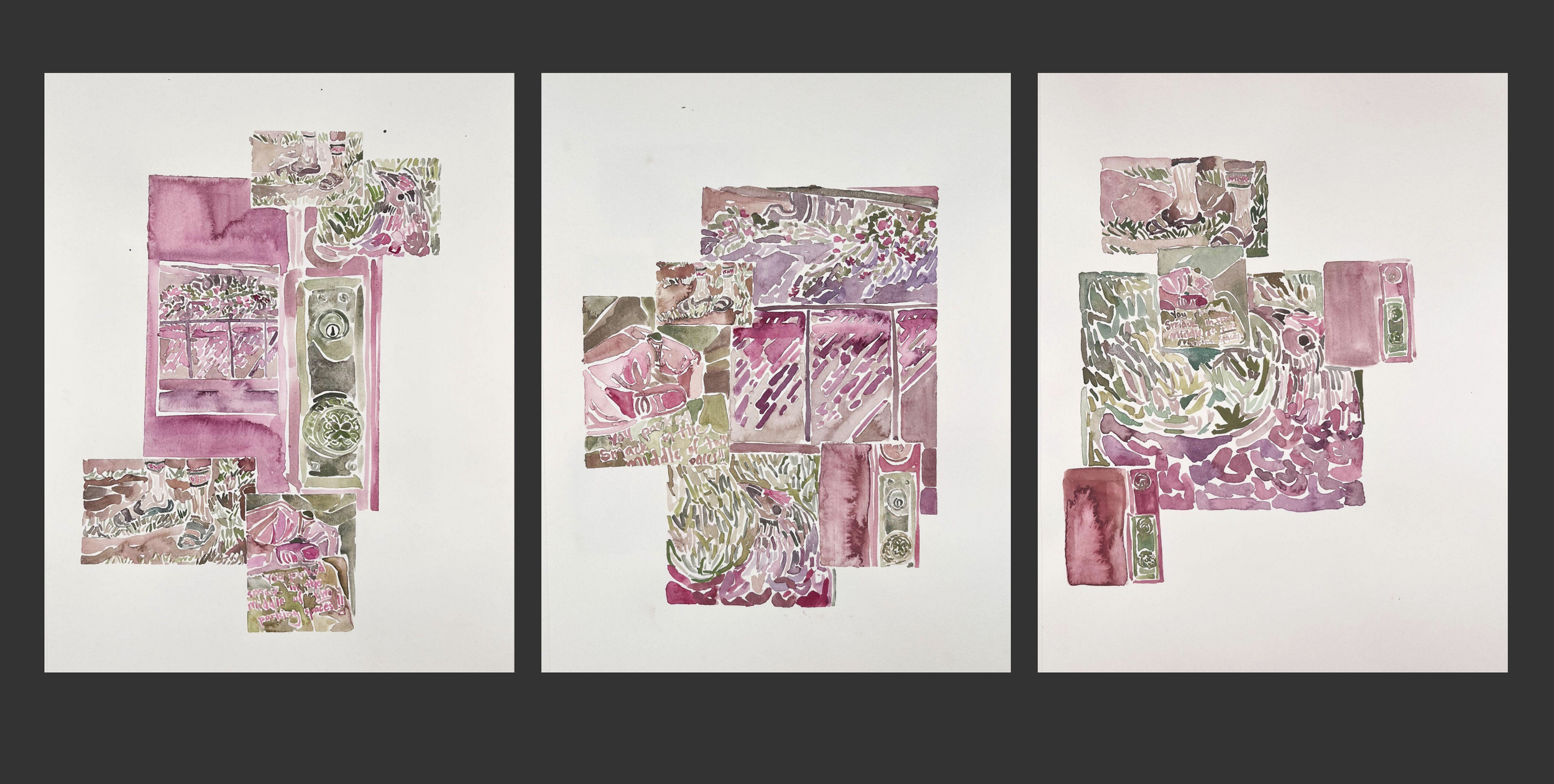 Outer Body Experience, triptych, watercolor on paper, each 12 in. x 9 in., 2024