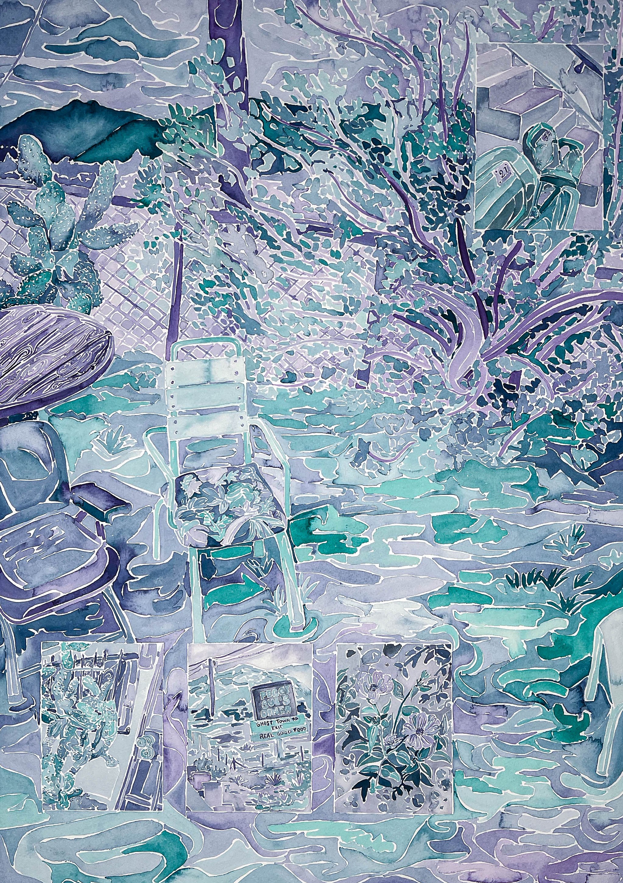 The basin drops faster than it fills , 30 in x 22 in, watercolor on paper, 2024
