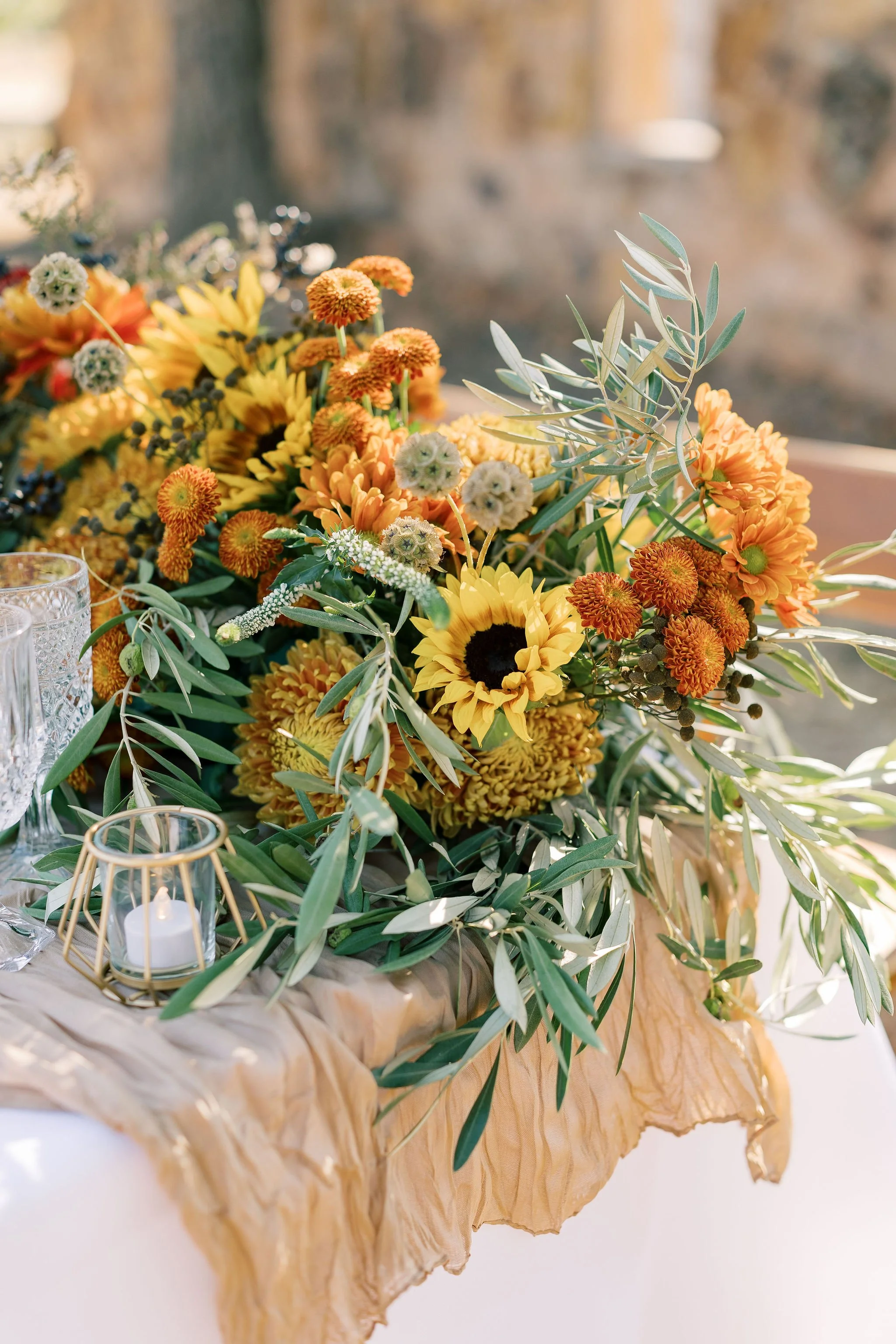 Luxury cottagecore warm sunflower bridal floral arrangement